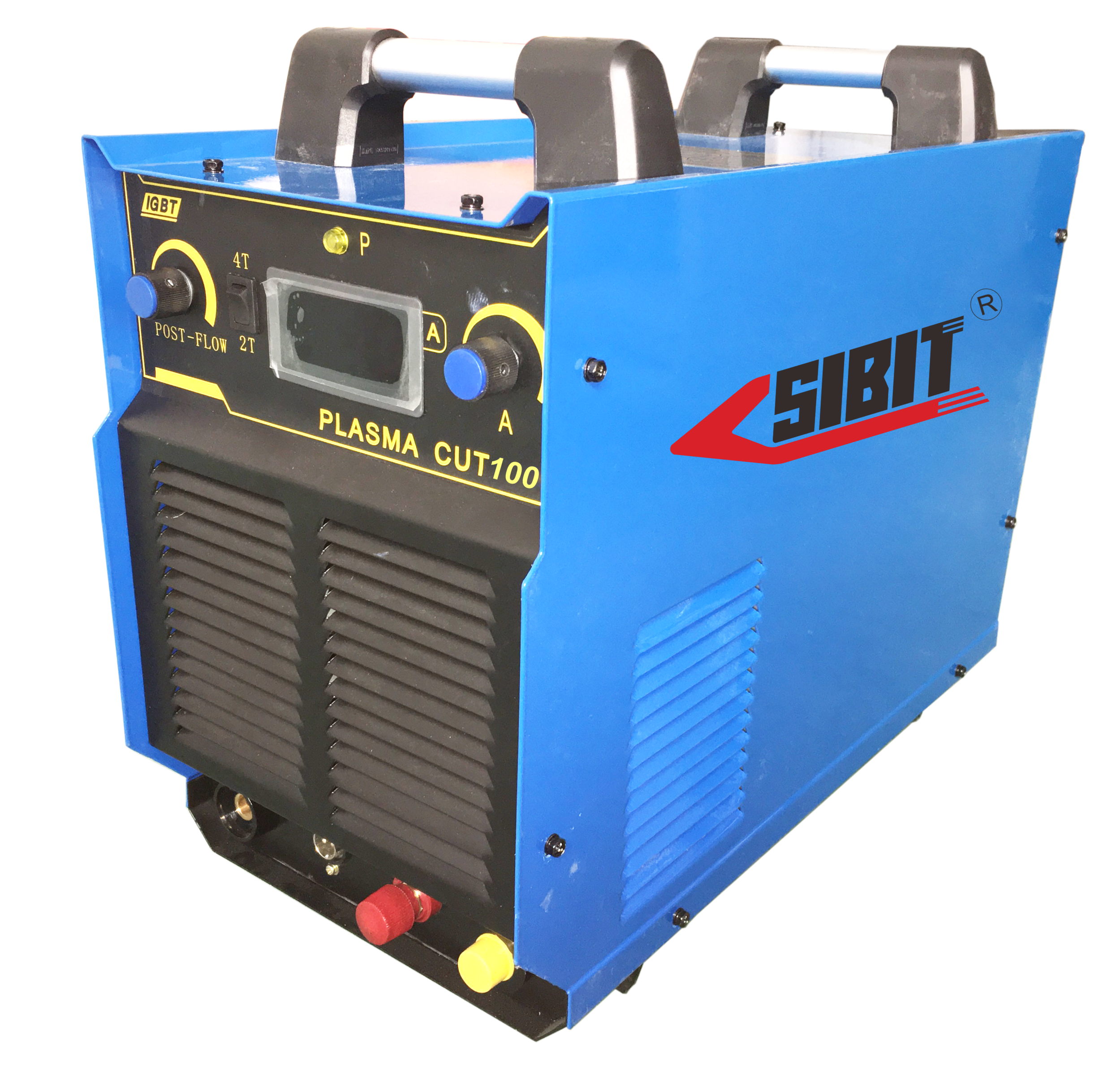 Blue plasma cutter machine labeled SIBIT PLASMA CUT 100 with controls, ventilation grilles, and a handle on top.