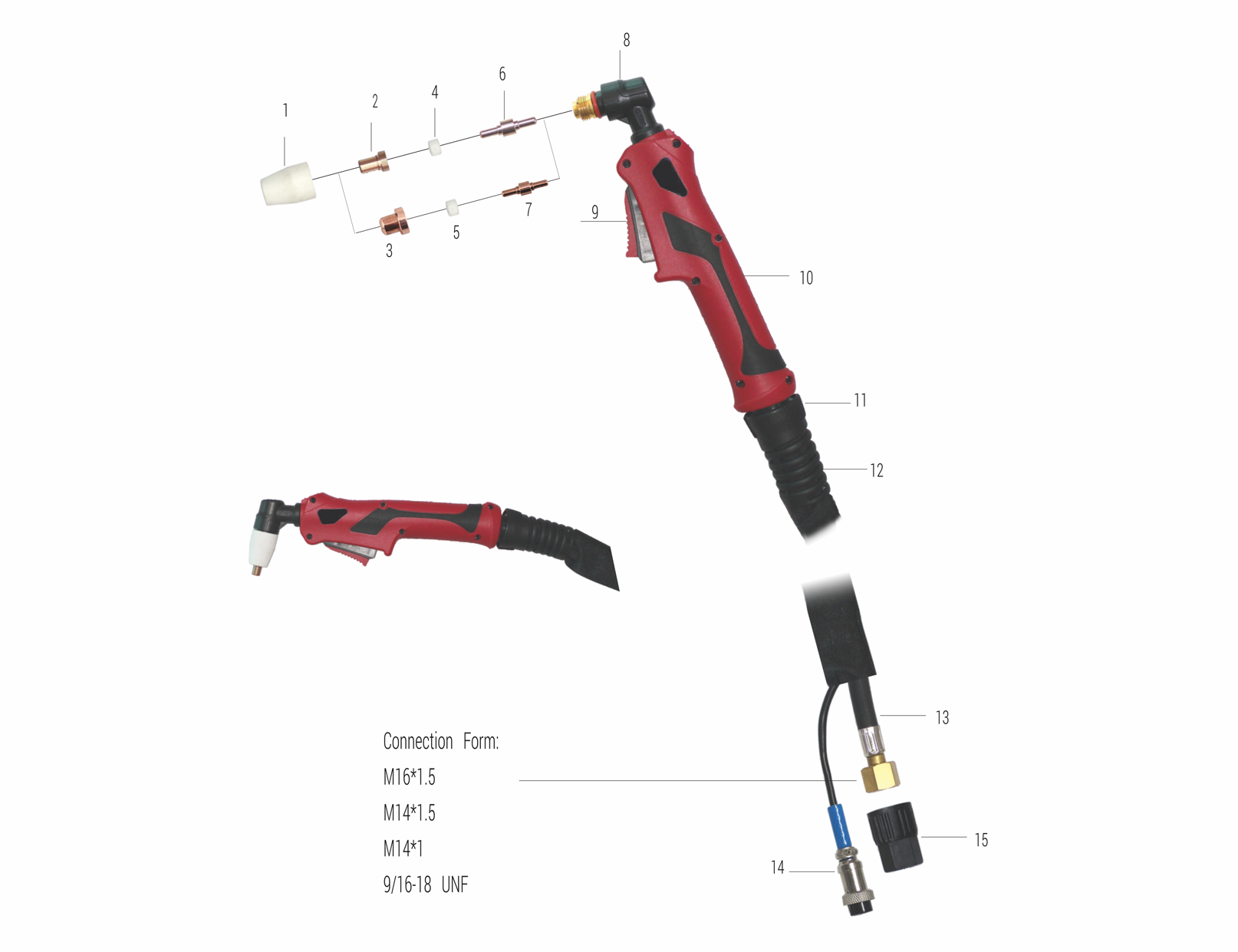 Diagram of a welding or cutting torch with numbered labeled parts and connection details.