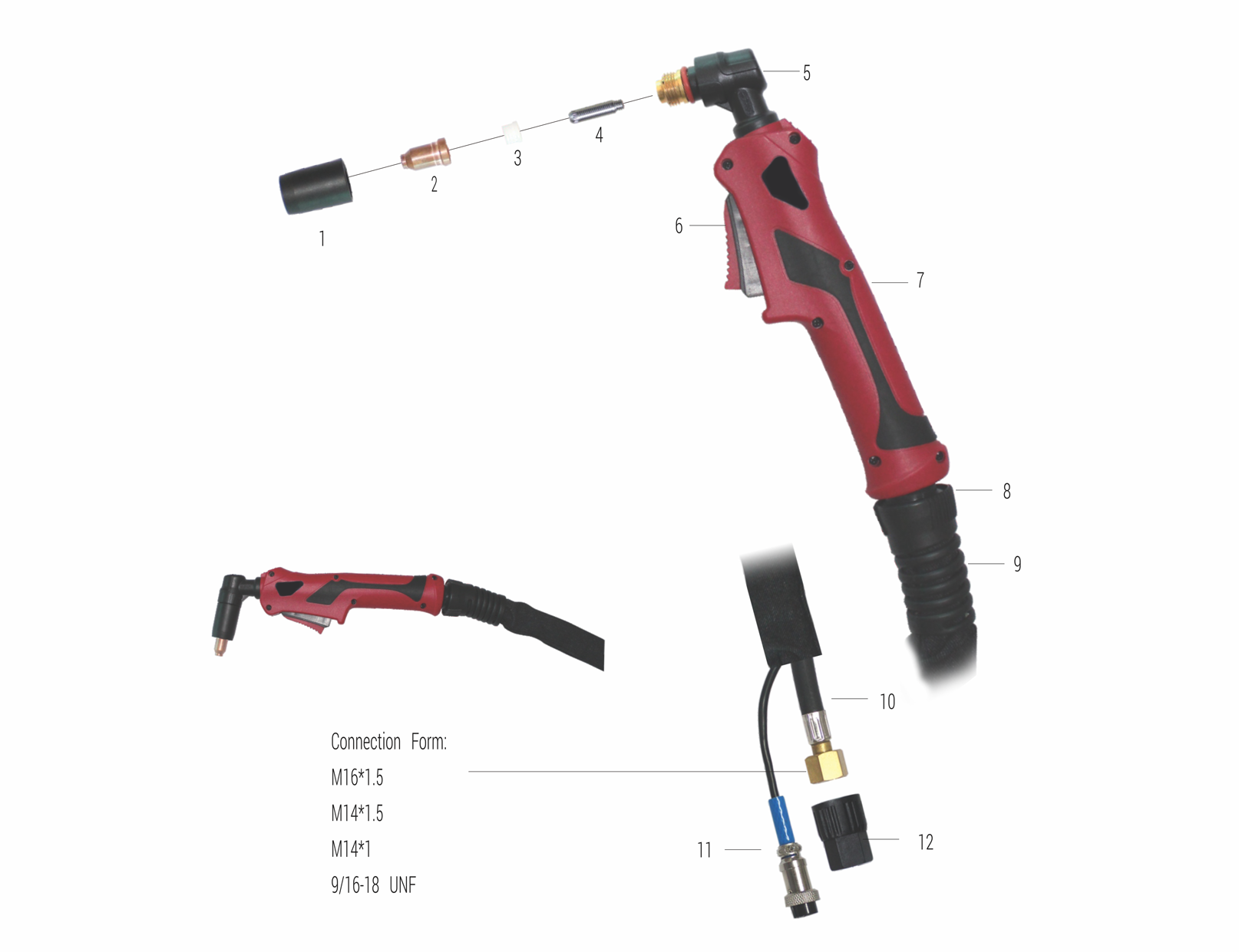 A diagram of a welding torch with labeled components and connection specifications, including a long red handle, black grips, and a flexible hose.