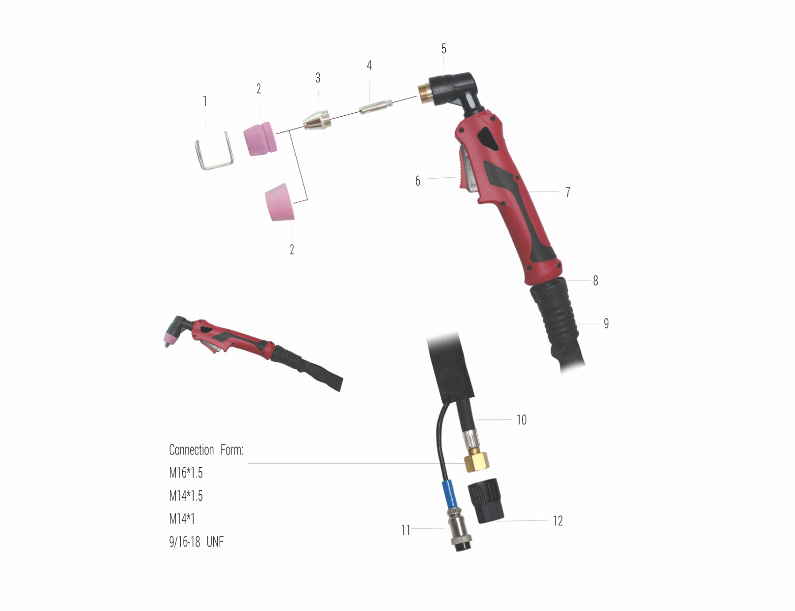 Exploded view of a handheld blow torch with labeled parts including a hook, cap, nozzle, handle, trigger, and connecting hose, with additional smaller components and a connection specification listed.