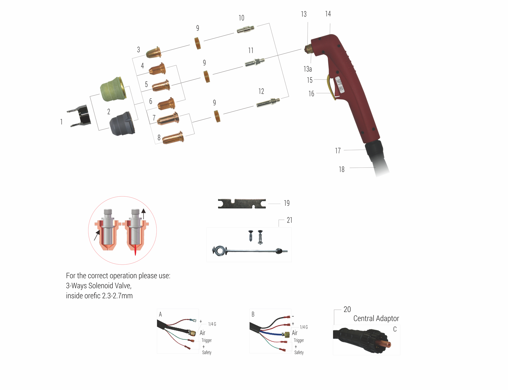 Diagram of an oxy-fuel cutting torch with labeled components, including tips, valves, and connectors, along with related parts and assembly instructions.