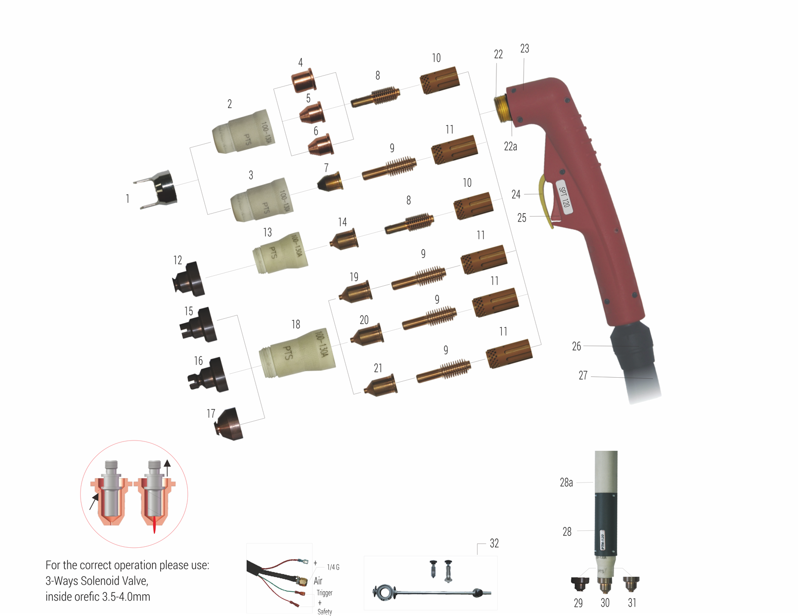 Diagram of a welding torch disassembled into various parts, including brass, copper, and plastic components, with labels and different sections for assembly.