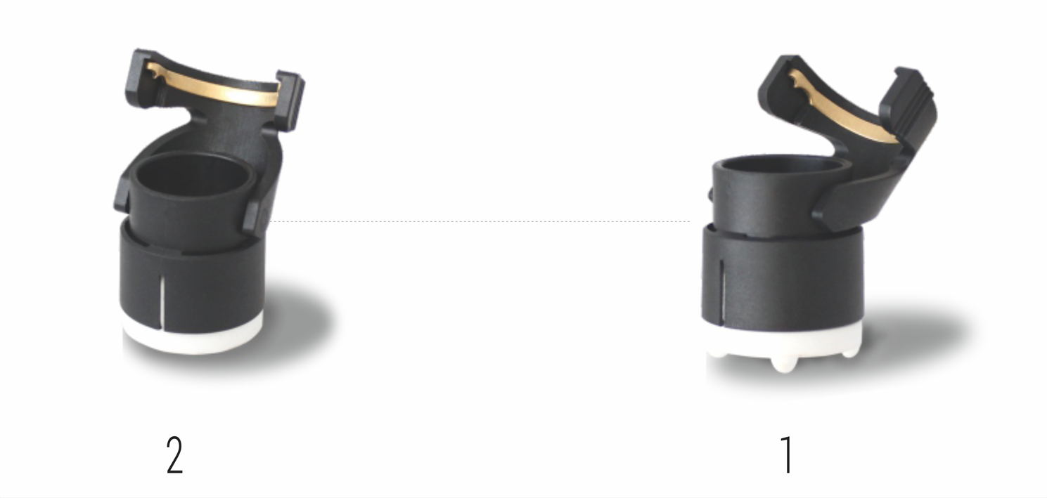 Two black camera lens adapters labeled '1' and '2' with gold accents, positioned side by side on a white background.