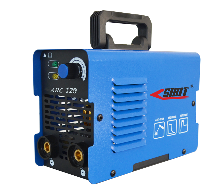 Blue portable arc welding machine with a handle on top, labeled ARC 120, with control knob, indicator lights, air vents, and connection ports.