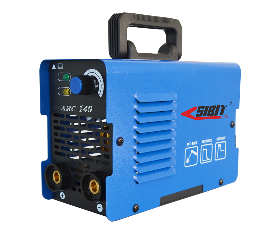 Blue SIBIT ARC 140 welding machine with black handle and control panel, showing power gauge and safety symbols