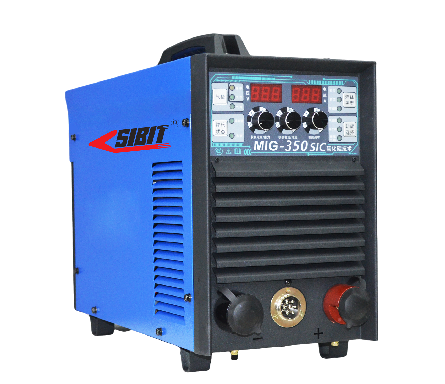 A blue and black welding machine with controls and display labeled 'SIBIT' and 'MIG-350 SiC'.