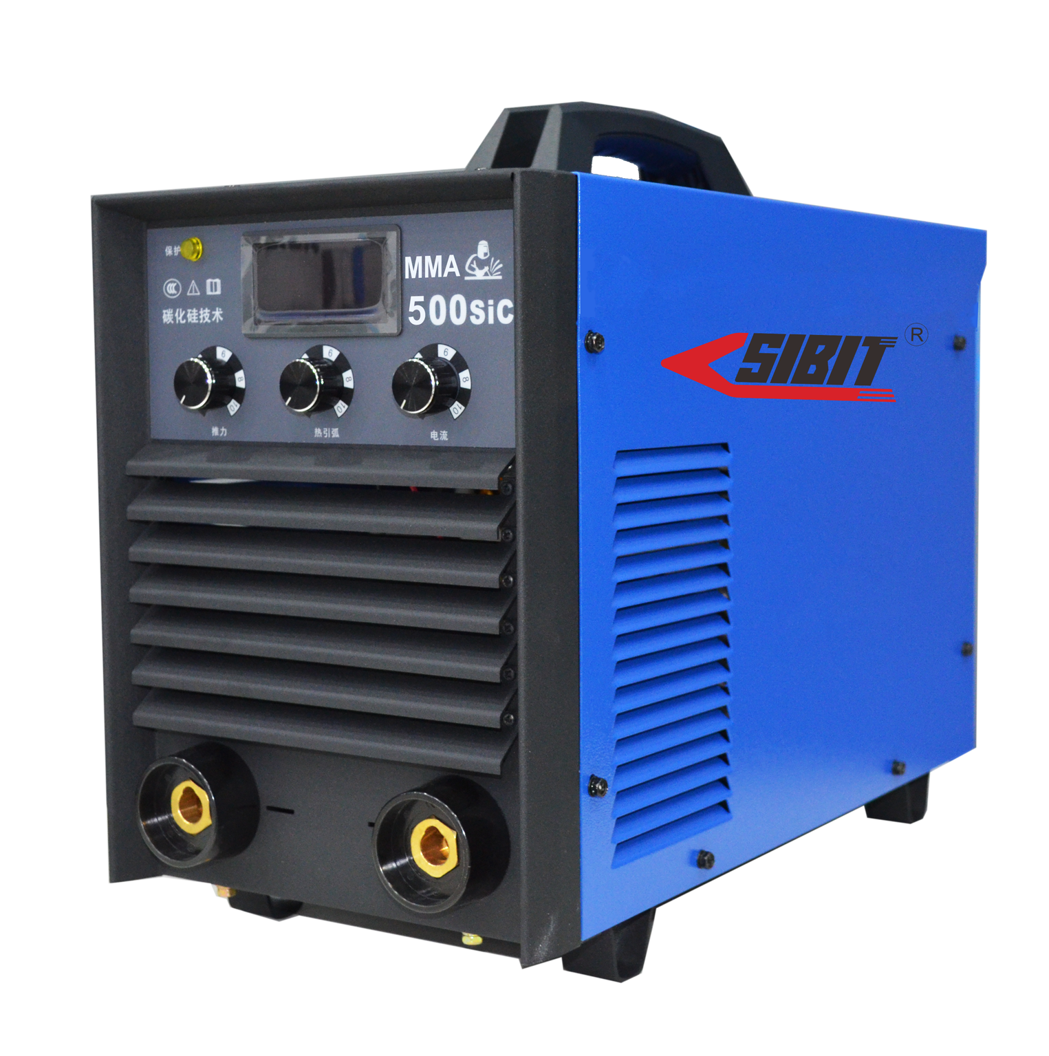 Blue and black welding machine with control knobs and air vents, labeled SIBIT, MMA 500SIC.