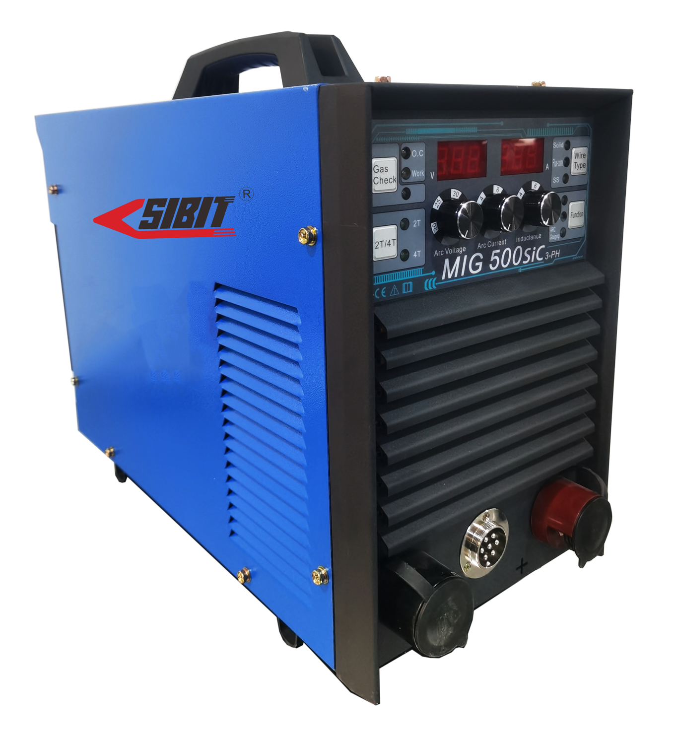 A blue MIG welding machine with control dials, digital display, and a multi-pin connector.