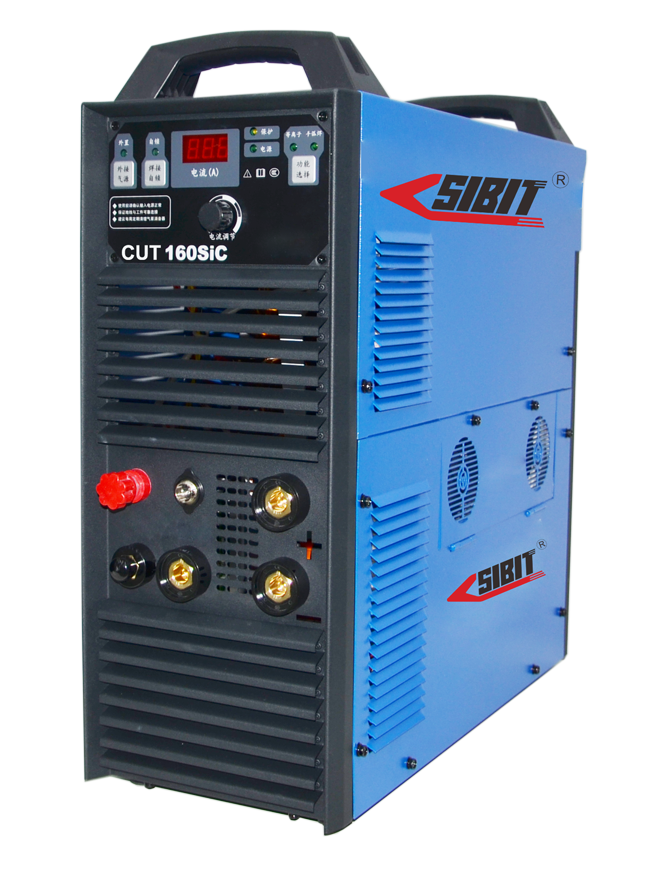 Blue industrial welding machine with digital display, control buttons, and cable connectors.