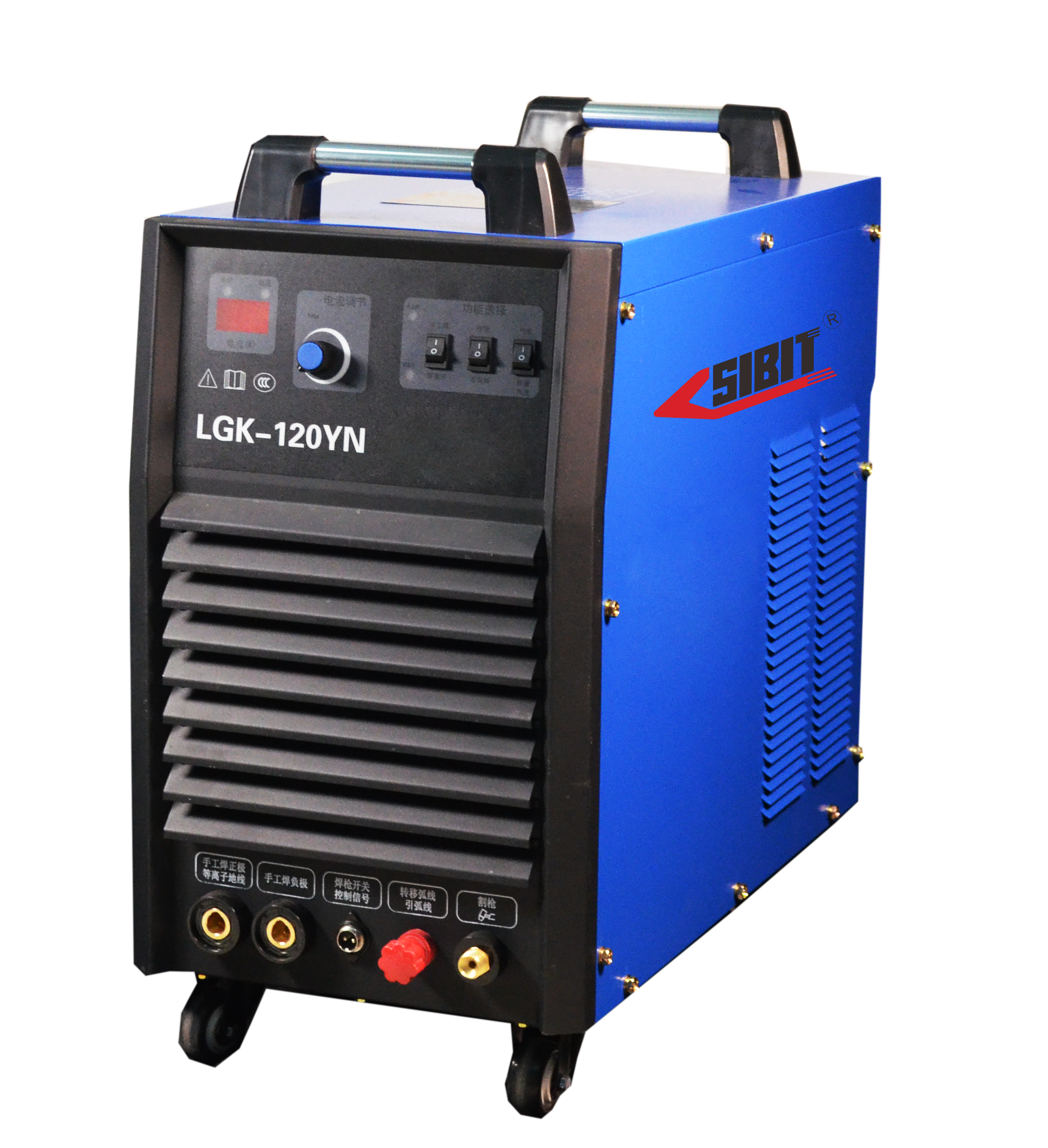 Blue industrial welding machine with black front panel, labeled LGK-120YN, featuring control knobs, switches, and ventilation slots, on wheels with a black handle.