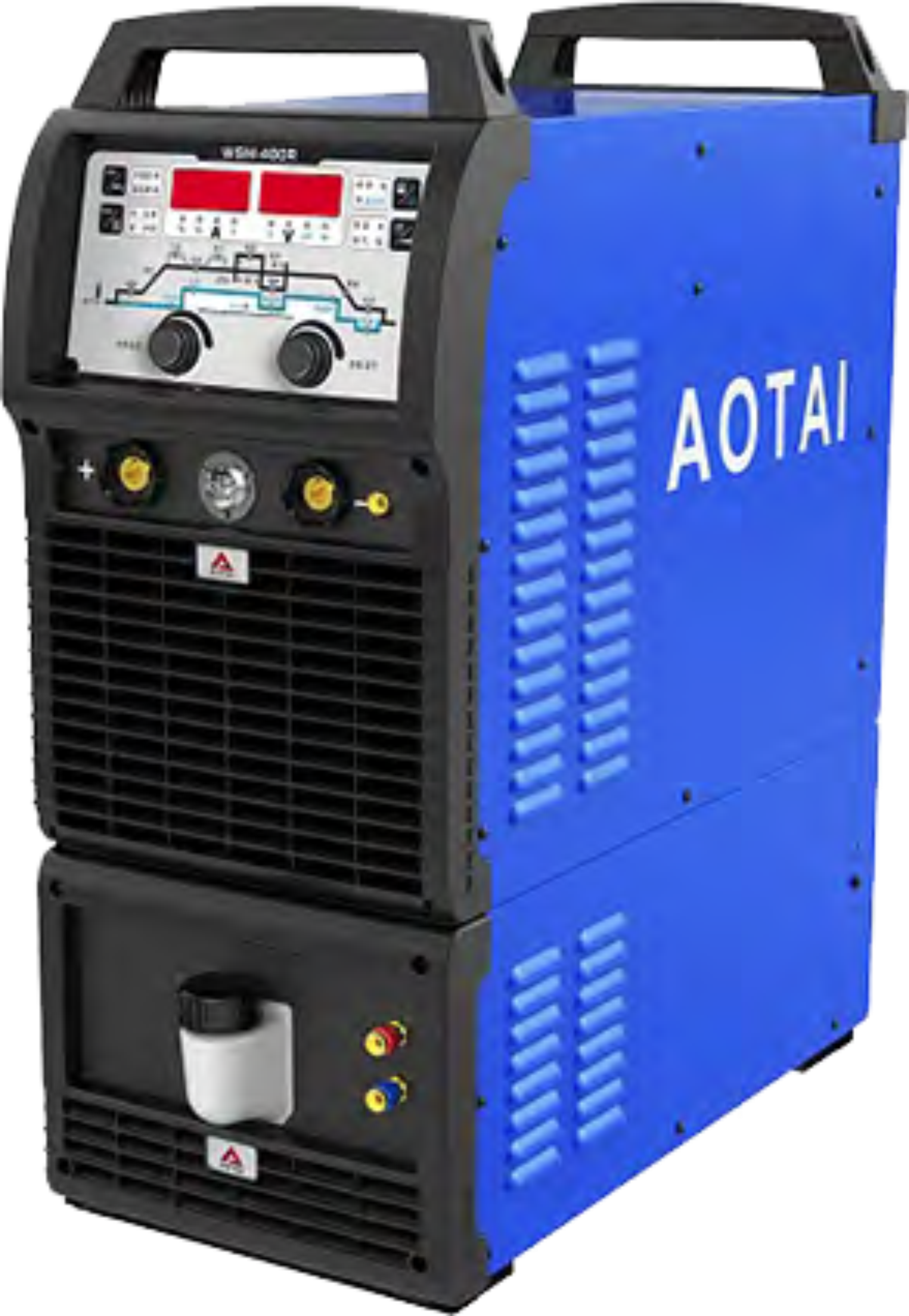 A blue AOTAI welding machine with control panel, dials, switches, and cooling vents.