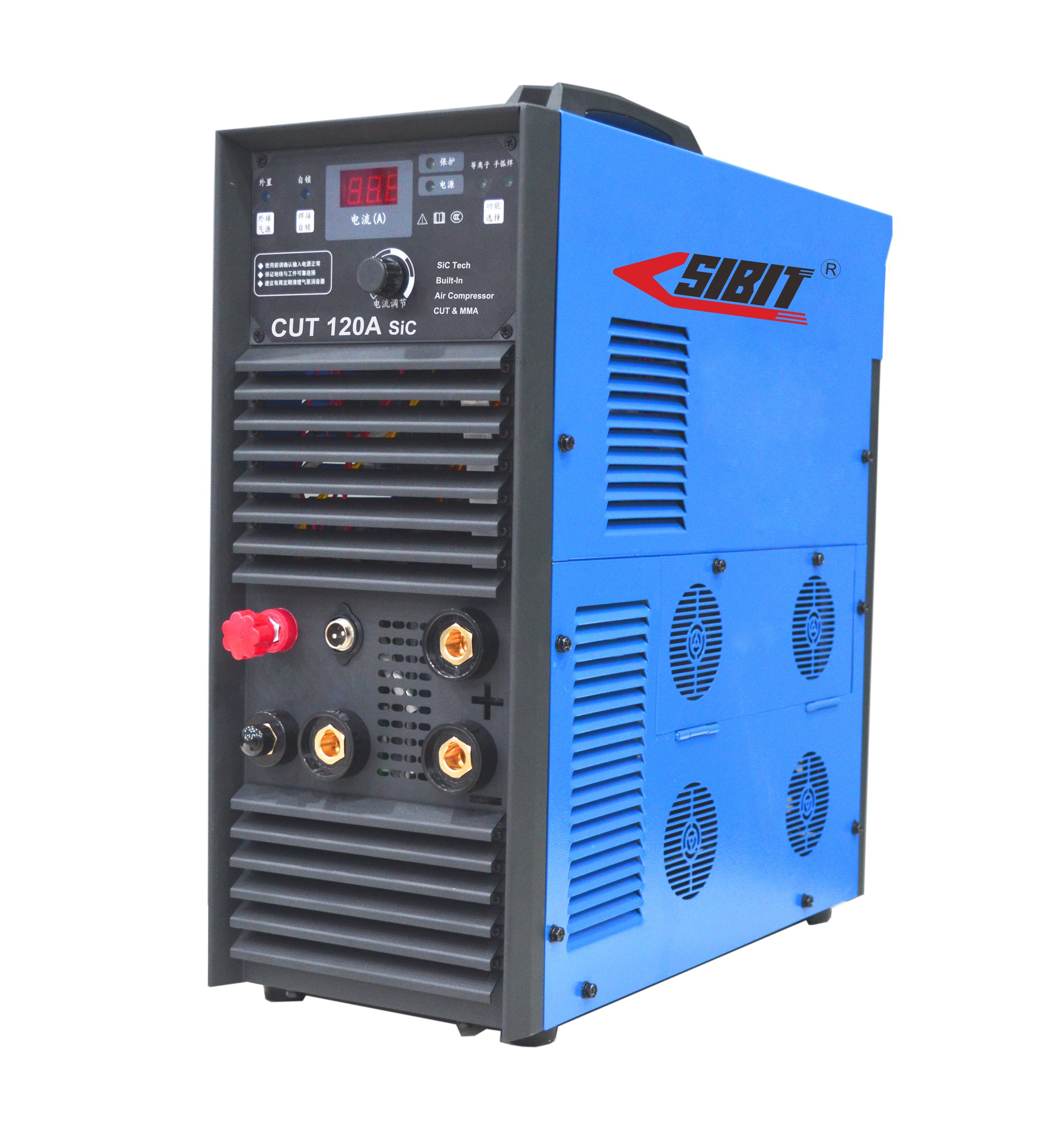 Industrial air compressor with a black control panel and blue housing, branded with 'SIBIT' logo, featuring vents and connection ports.