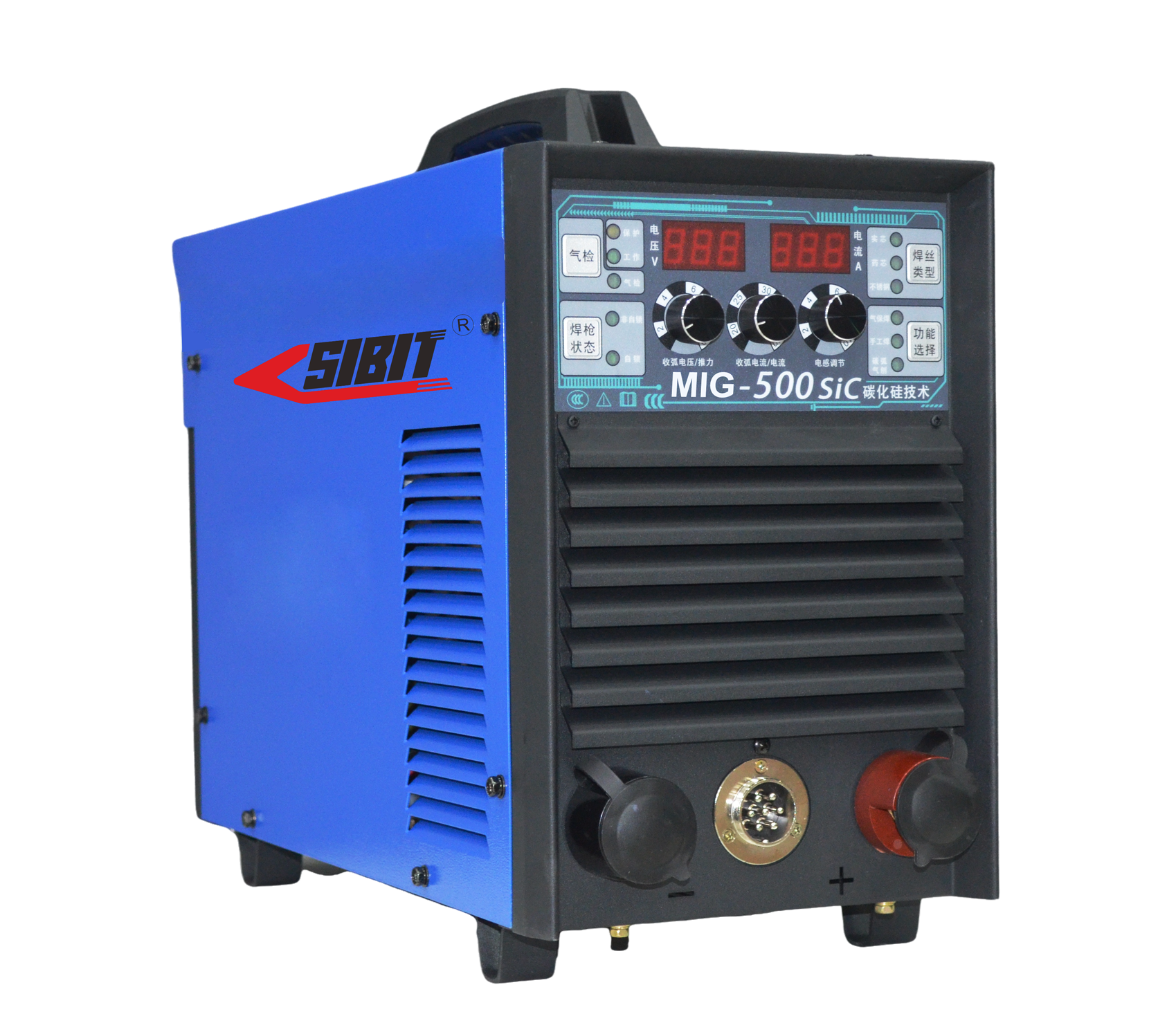 A blue and black welding machine labeled SIBIT MIG-500 SiC with digital controls and adjustment knobs.