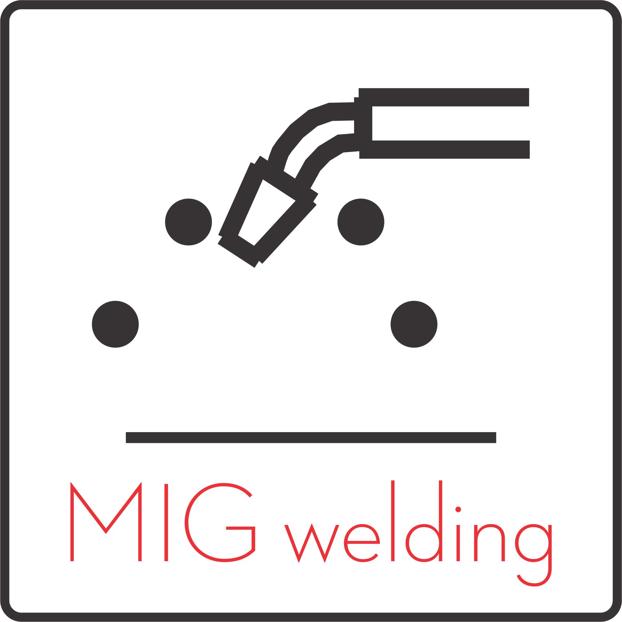 Icon of a MIG welding torch with sparks, accompanied by the text 'MIG welding' in red.