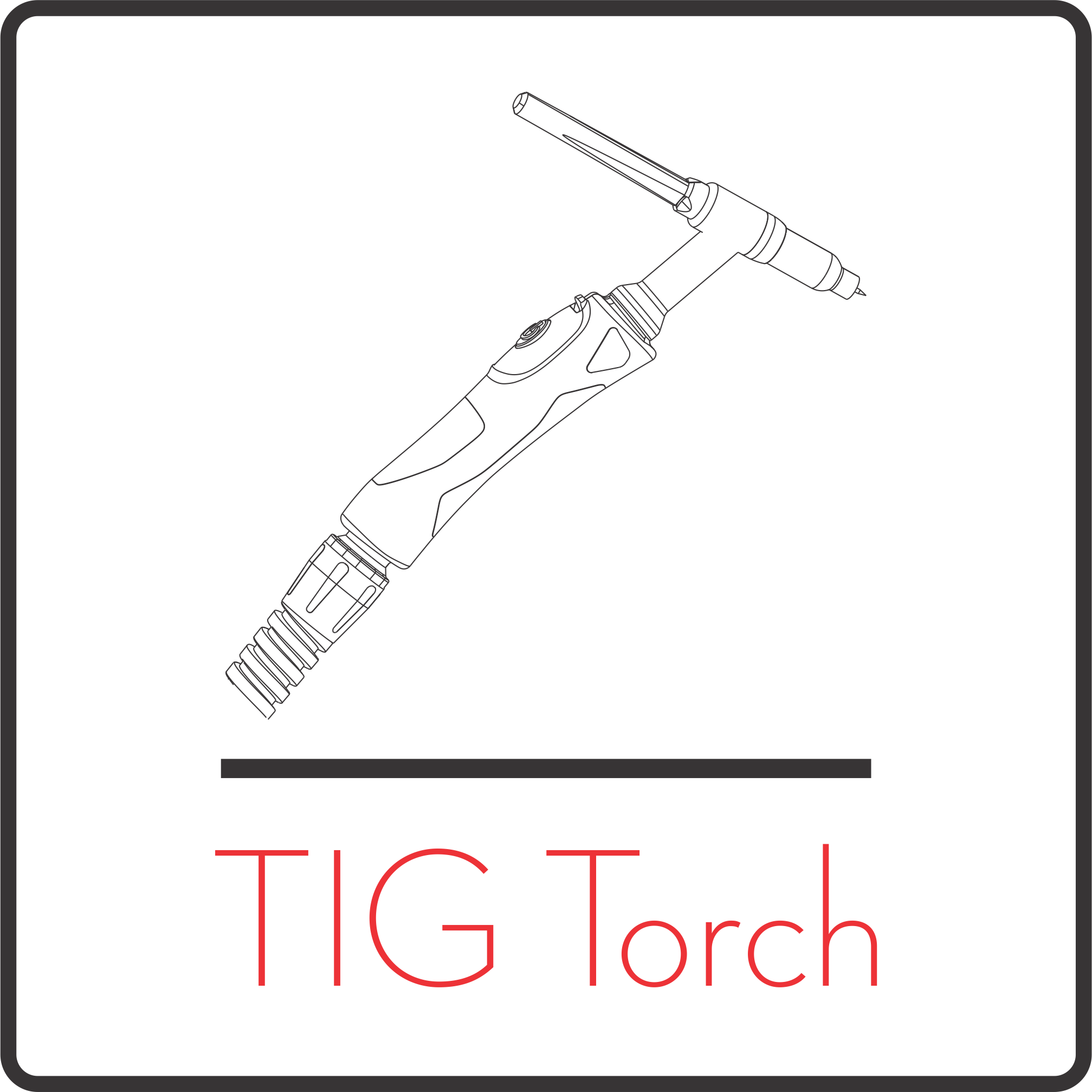 A digital illustration of a TIG torch welding tool with the text "TIG Torch" in red below the image.