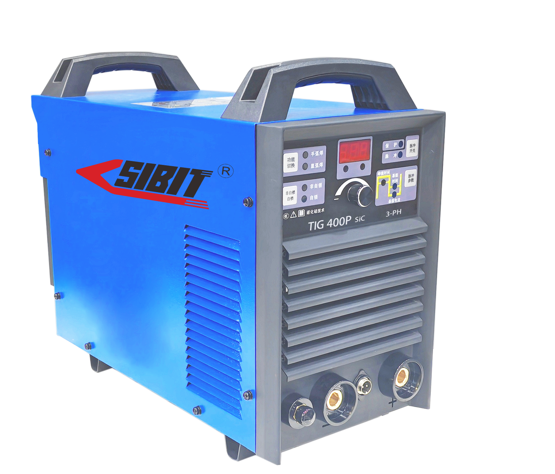 Blue SIBIT TIG welding machine with digital display, control buttons, and handles on top.