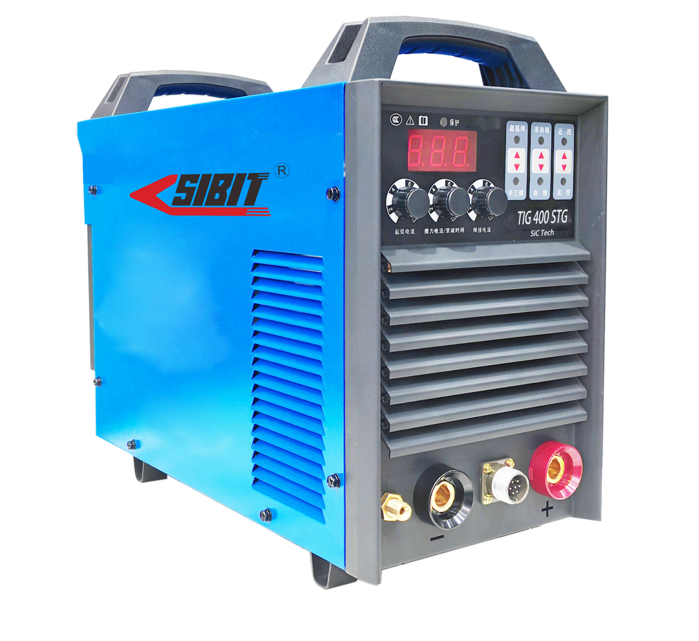 A blue and gray MIG welding power supply machine with controls and digital display, labeled 'SIBIT' and 'TIG 400 STG'.