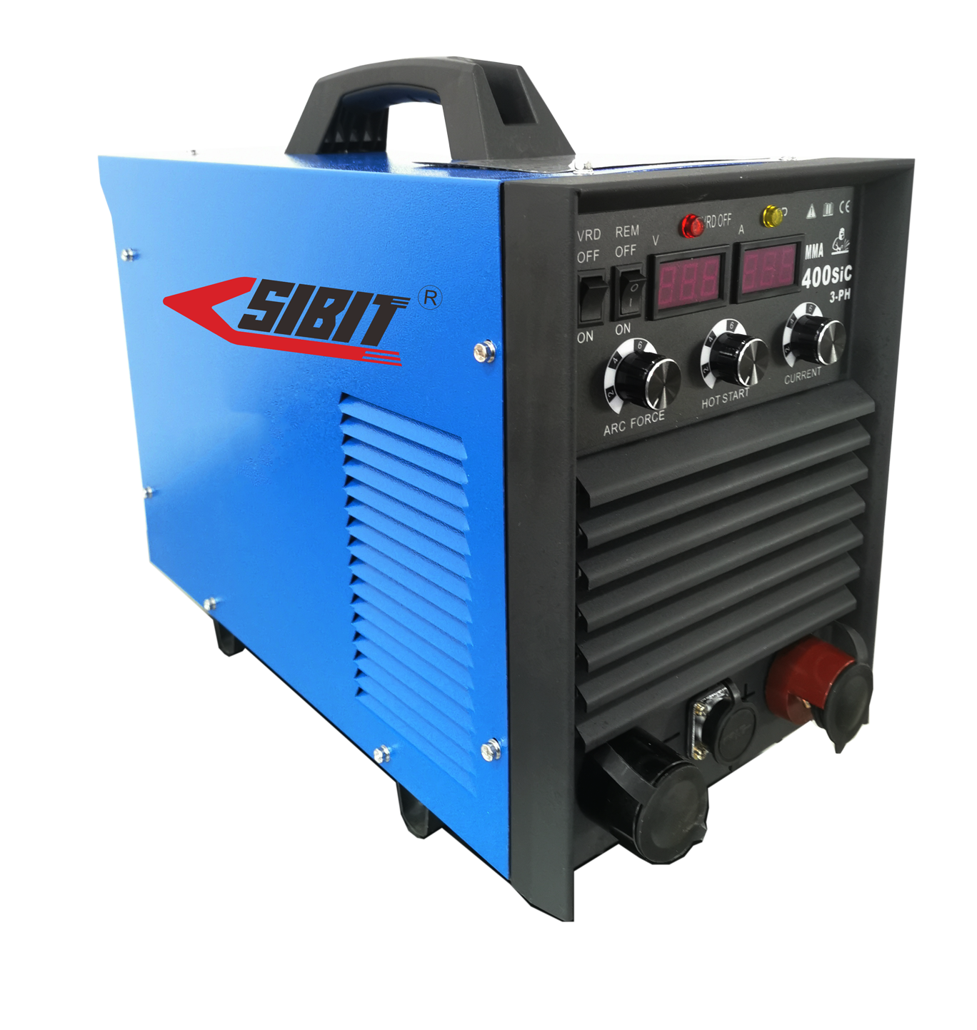 A blue and black welder machine with control knobs, digital displays, and ventilation louvers, branded with the name 'SIBIT'.