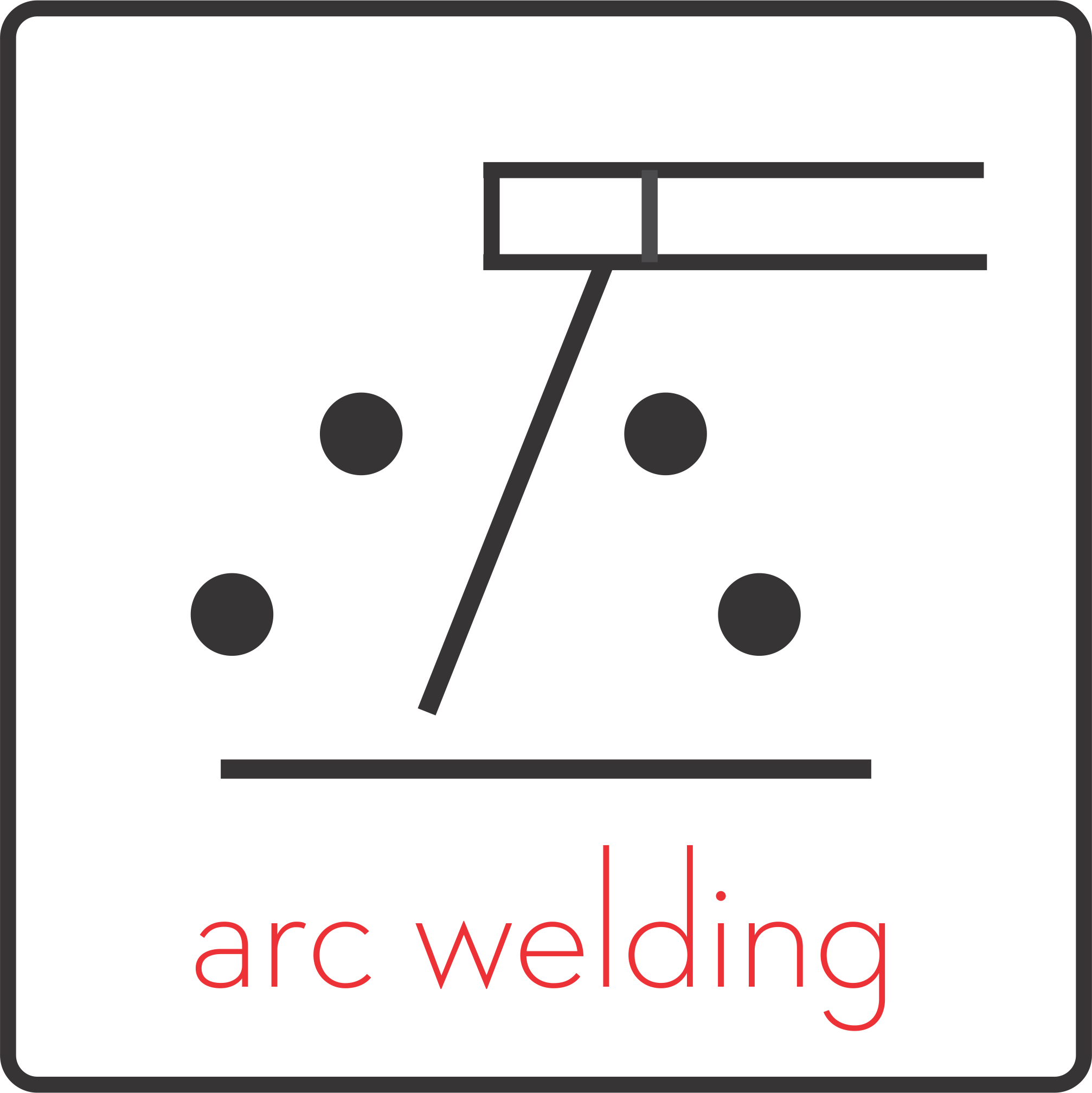 A black square graphic with a simplified diagram of a welding process using an arc, indicated by a black line connecting a power source and a tool, with four circular dots representing the metal pieces being welded. The words "arc welding" are written in red at the bottom.