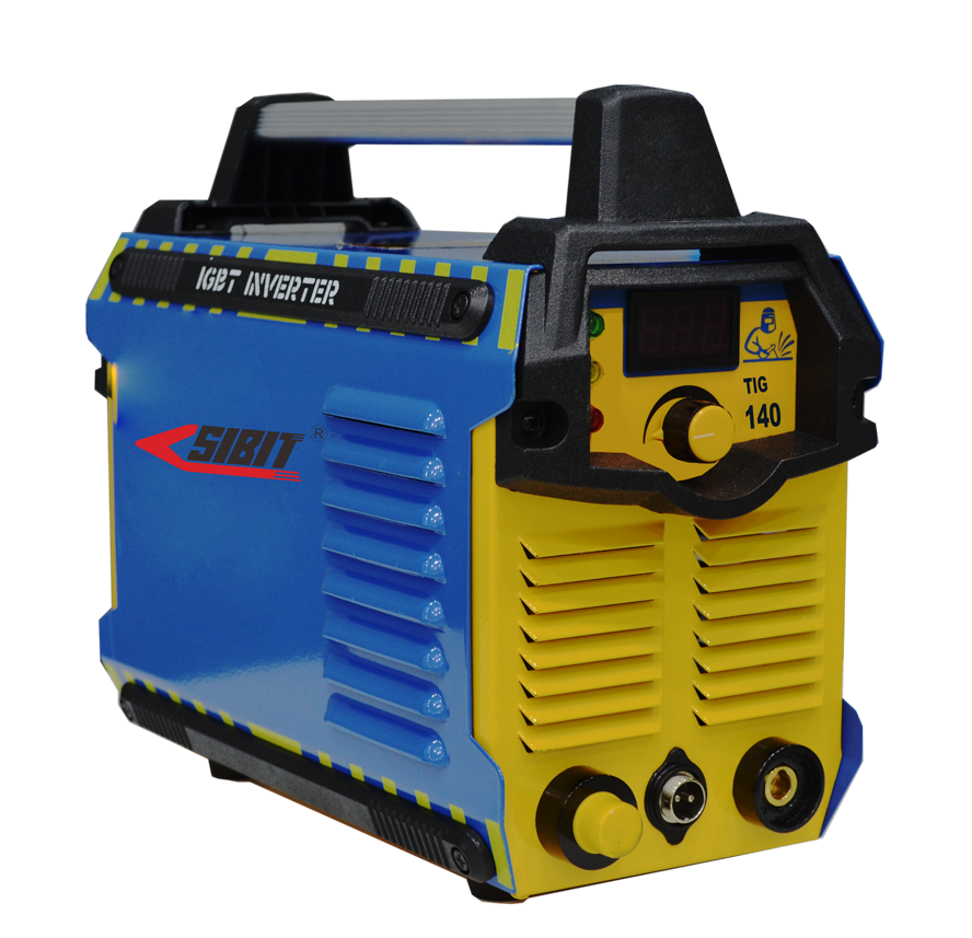 Blue and yellow SIBIT TIG 140 welding inverter machine with controls and display panel.
