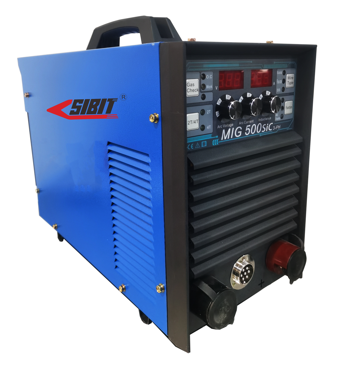 A blue MIG welder machine with control knobs, digital display, and connection ports on the front, labeled "Sibit" and "MIG 500SiC".