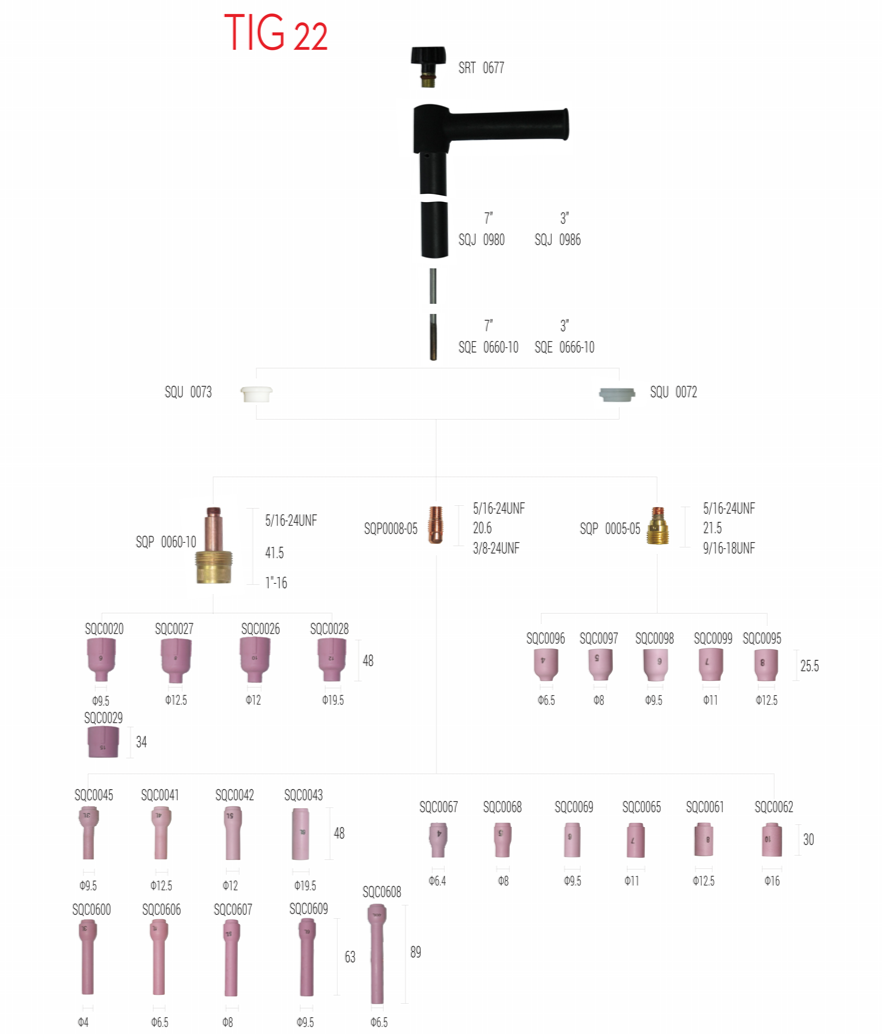 Diagram of a mechanical or plumbing component with various parts labeled by codes and measurements, including a black T-shaped pipe fitting, a smaller brass fitting, and an assortment of pink and brass threaded connectors of different sizes.