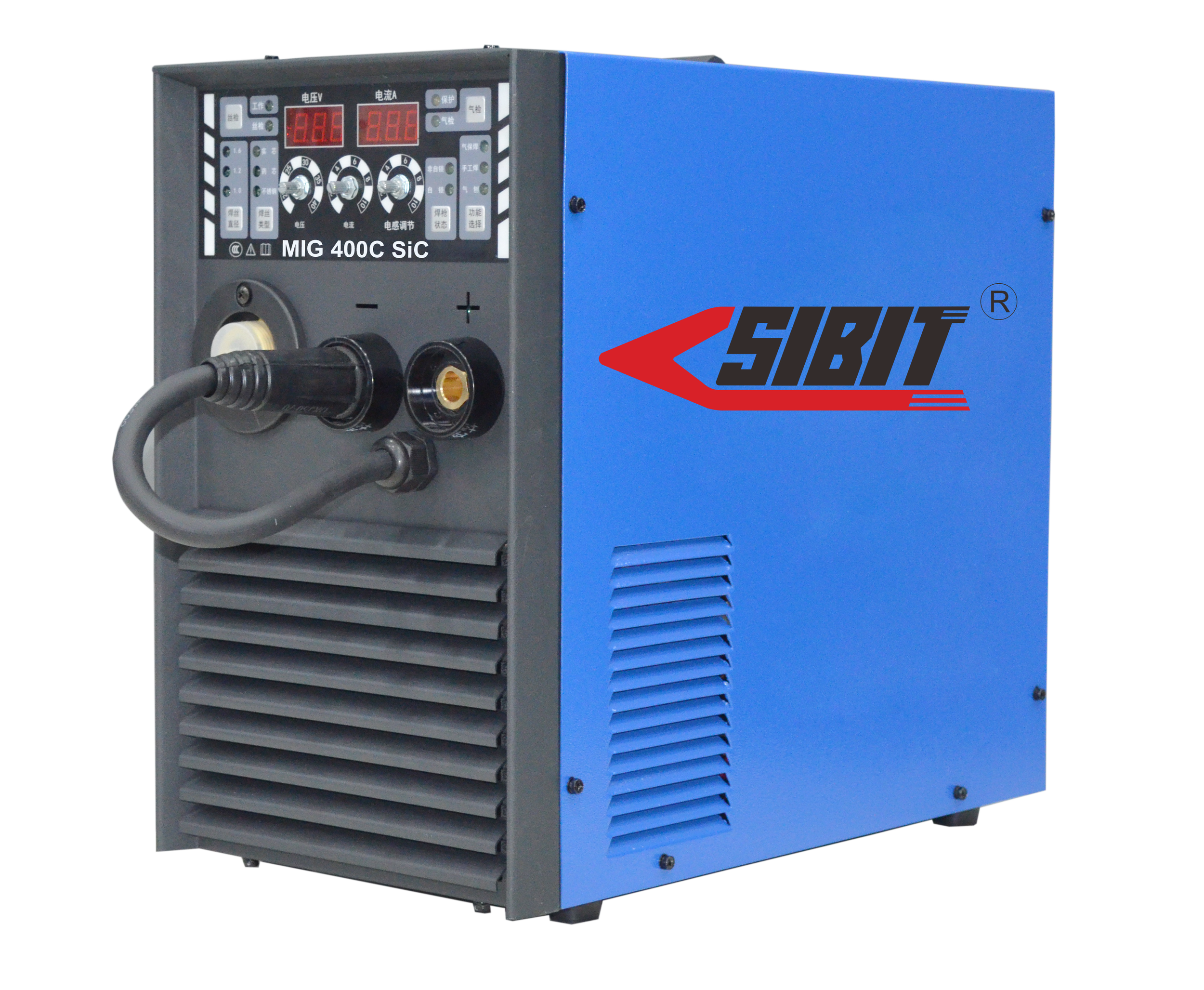 A blue and gray SIBIT MIG 400C SiC welding machine with a digital display, control knobs, and connecting cables.