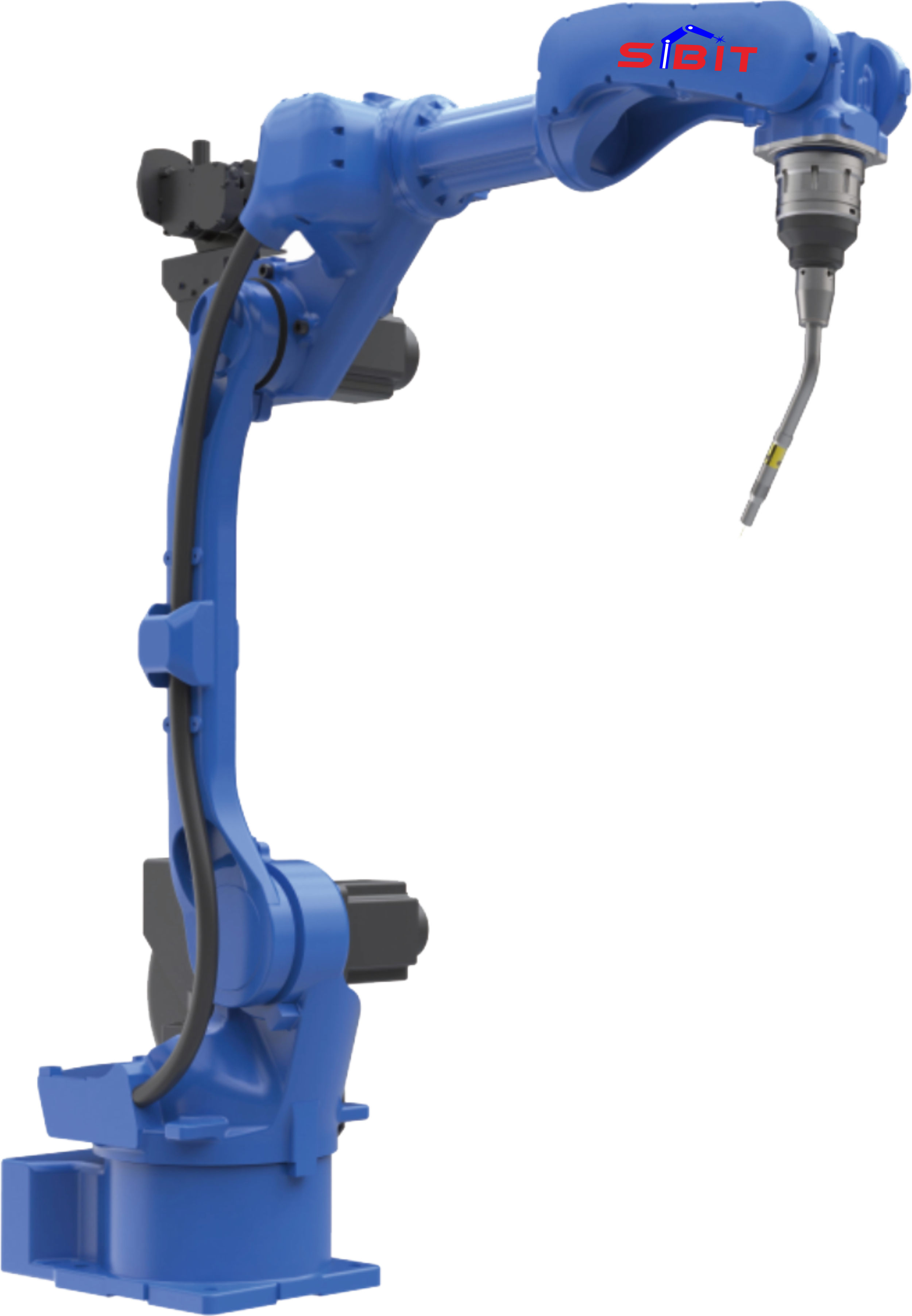Blue industrial robotic arm with a logo saying 'SIBIT' on the end effector, positioned in front of a background with red, green, blue, and gray vertical lines.