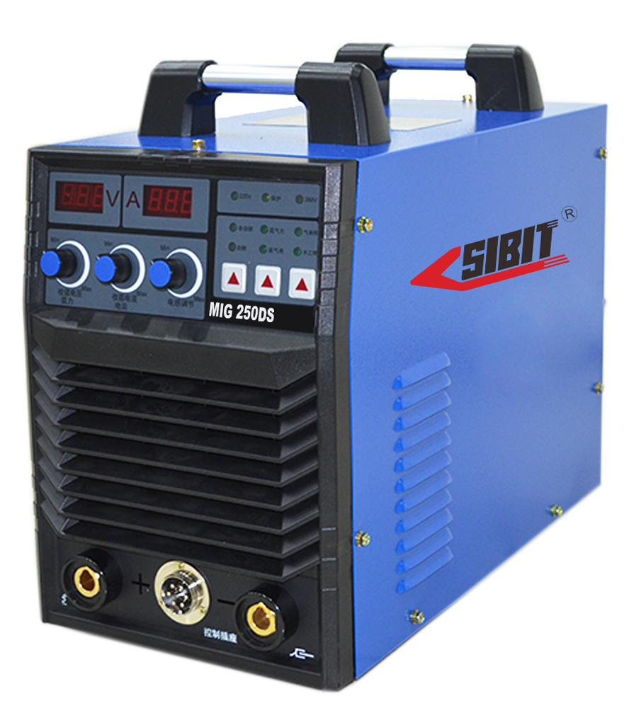 Blue metal welding machine with digital controls, knobs, and cables, branded SIBIT MIG 250DS.