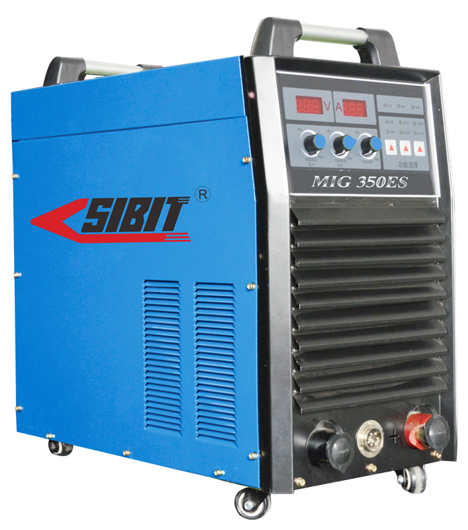 Blue welding machine with digital controls and vents labeled SIBIT and MIG 350ES