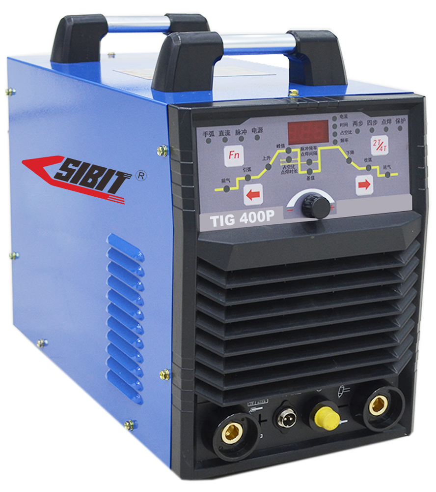 Blue SIBIT TIG 400P welding machine with handle, control panel with knobs and digital display, and ventilation vents.