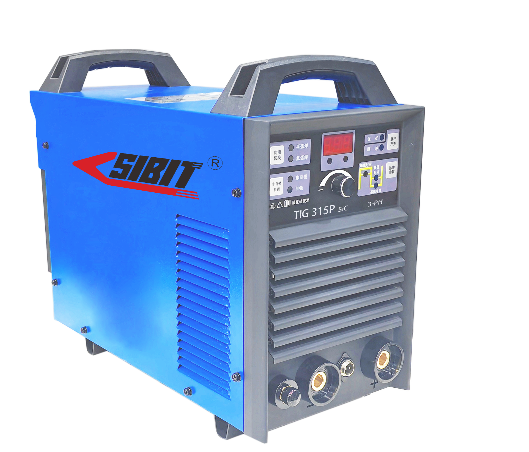 Blue and gray SIBIT TIG 315P welding machine with digital controls and hoses at the front.