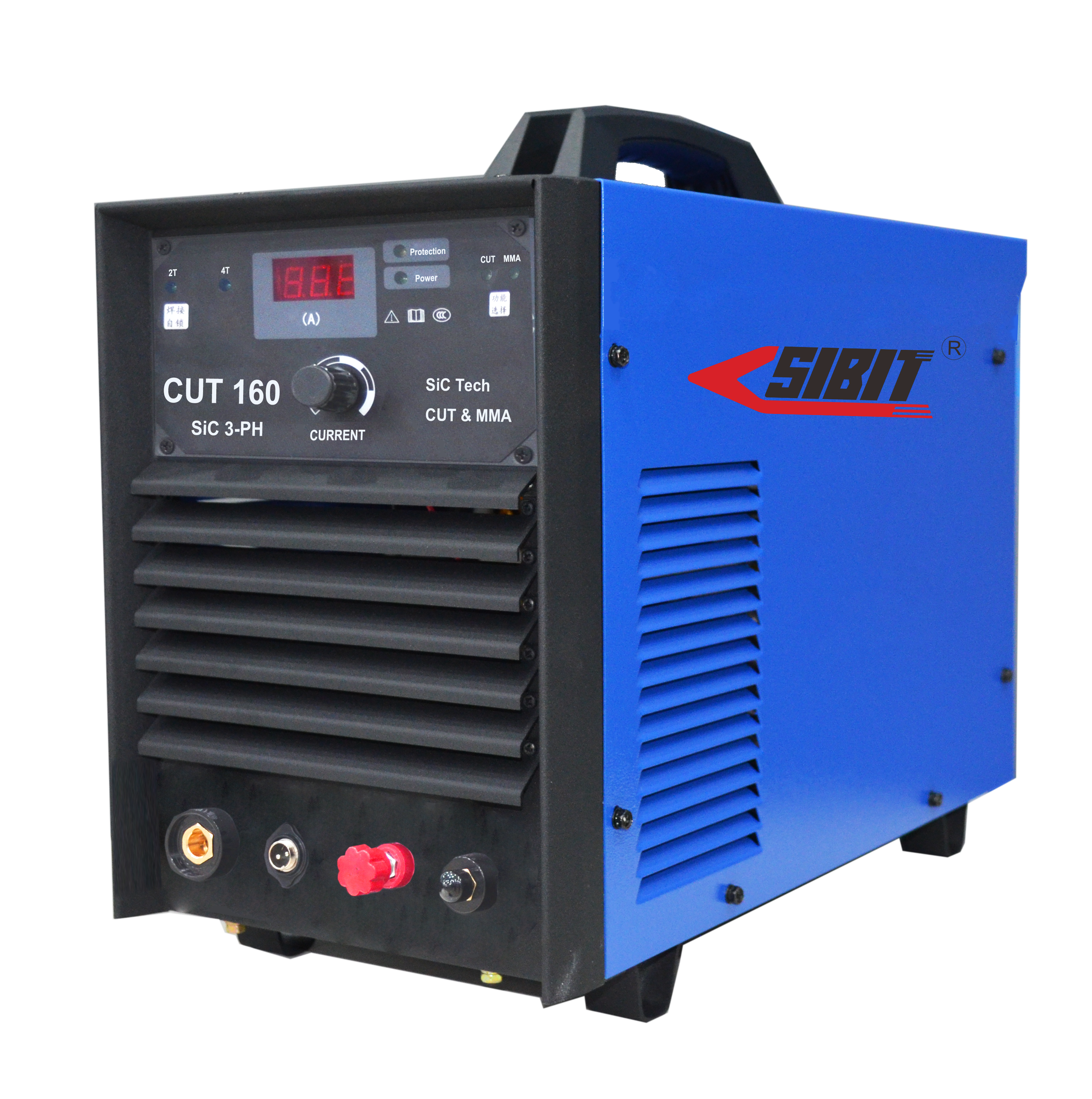 Industrial welding machine labeled 'SIBIT' with digital control panel, blue and black metal casing, and vents.