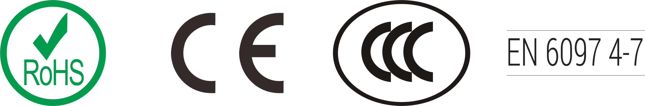 RoHS compliance mark and various certification symbols on a product label, including CE certification and a product identification number.