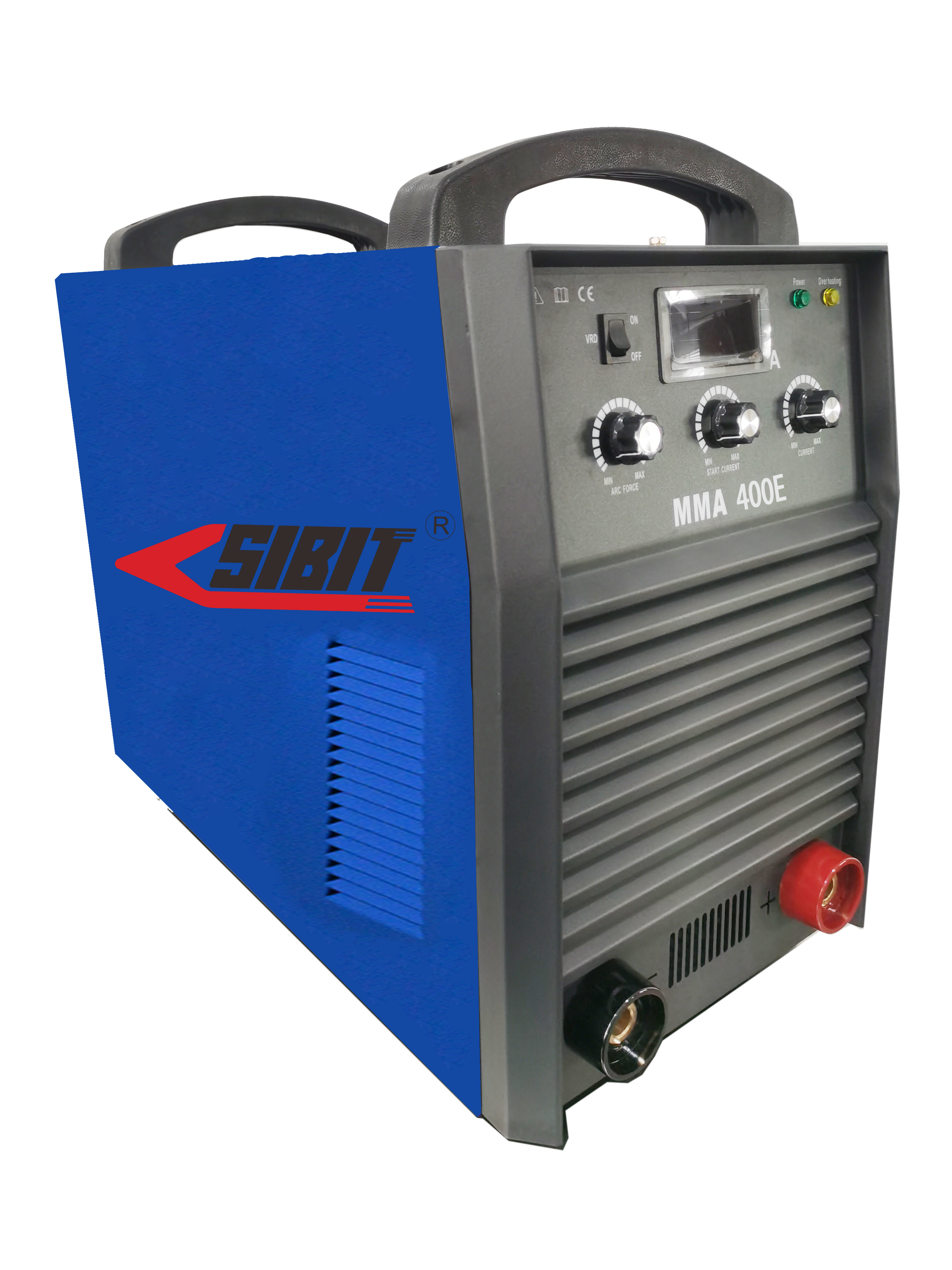 Blue and gray SIBIT MMA 400E welding machine with control knobs, a display, and connection terminals.