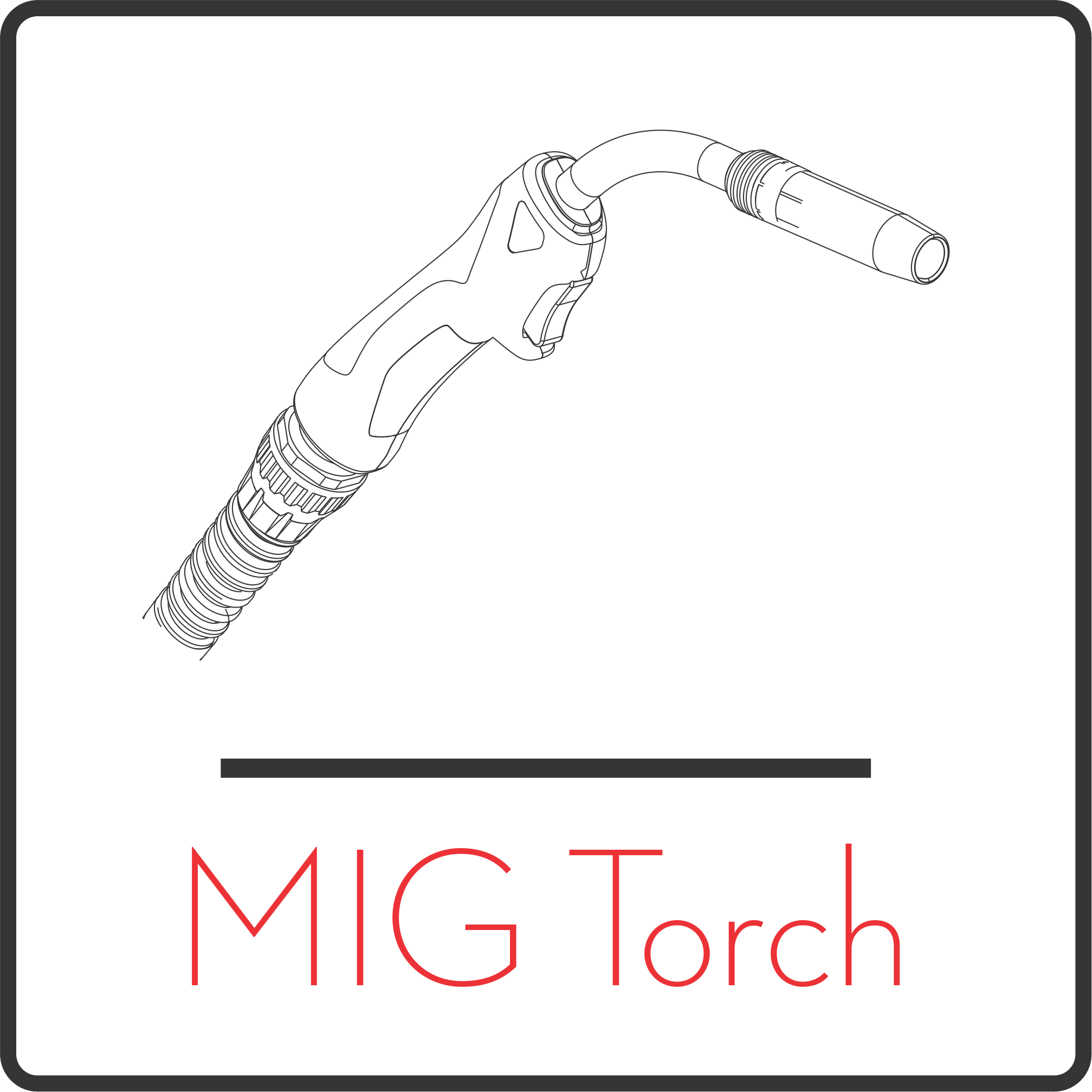 Line drawing of an MIG welding torch with red text that reads 'MIG Torch' on a black background.