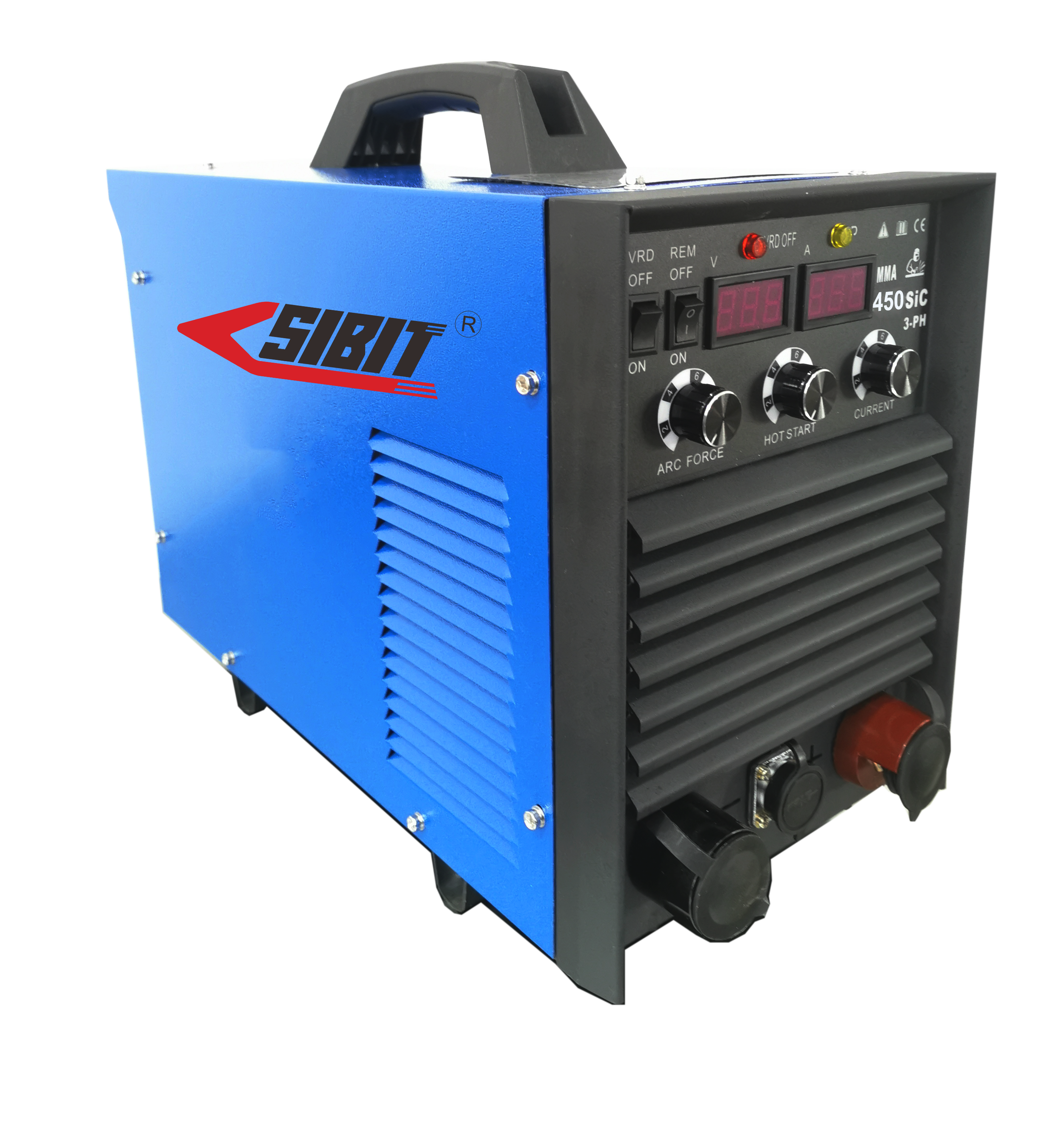 Blue and black industrial welding machine with controls and digital displays, branded SIBIT, model 450SiC 3-PH.