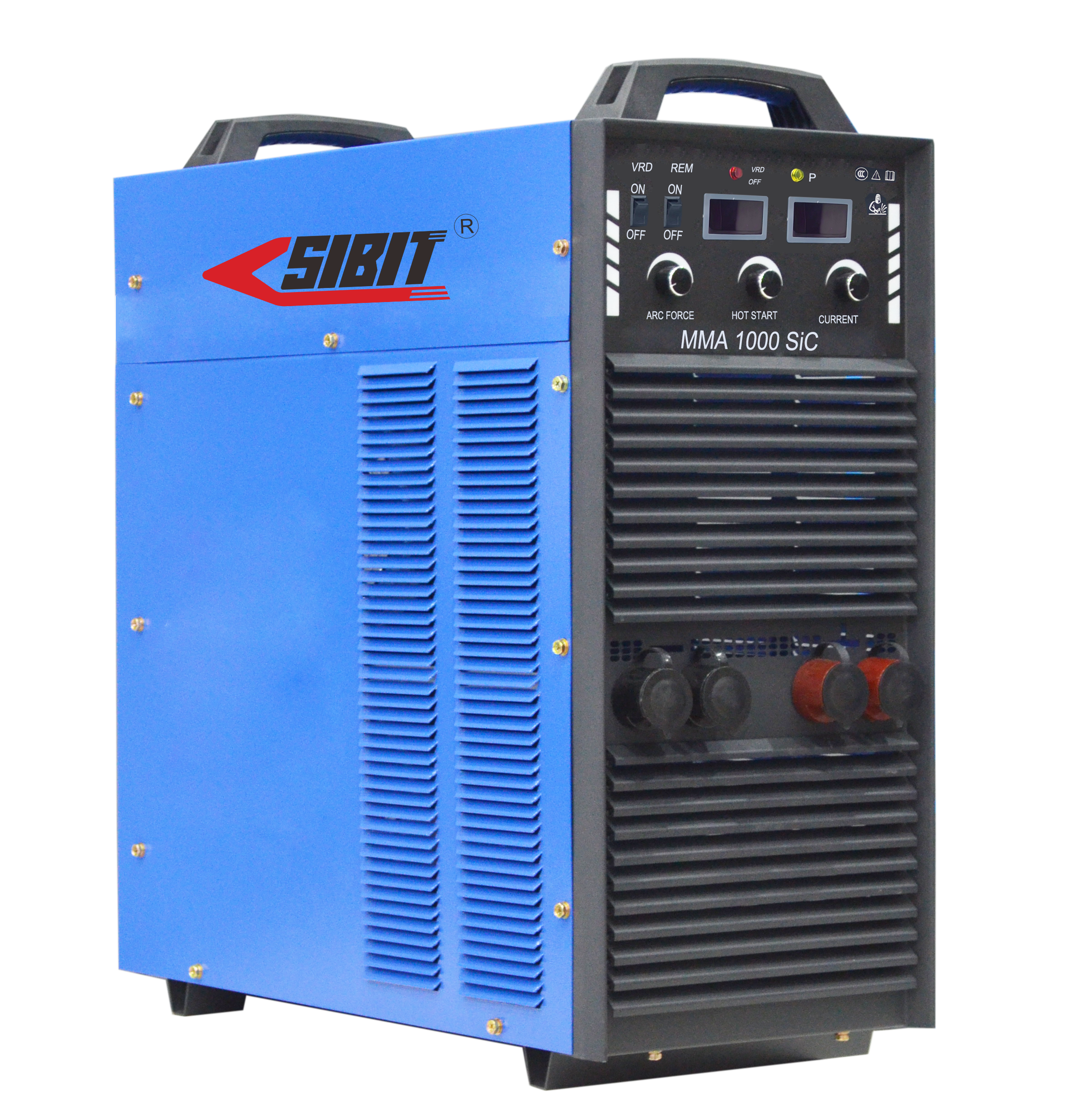 A SIBIT MMA 1000 SiC welding machine with a blue and black body, control panel with dials, digital displays, and input connectors.