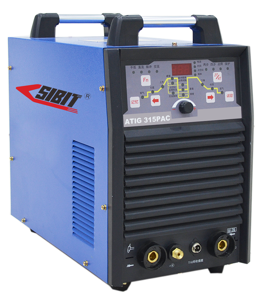 Blue welding machine labeled ATIG 315PAC with control panel and black vents.