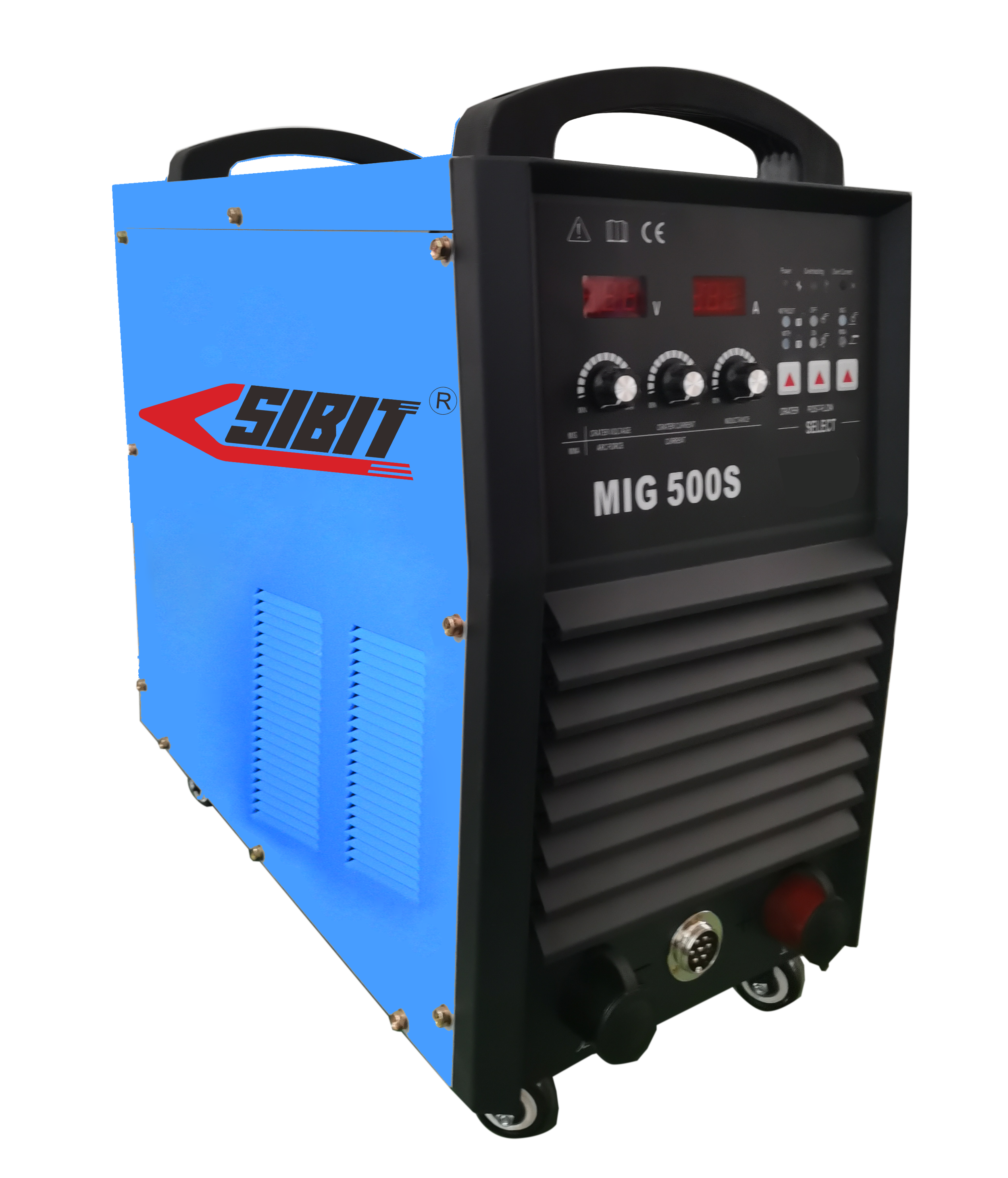 A blue and black MIG 500S welding machine with control knobs, digital displays, and ventilation slats, branded with 'SUBIT'.