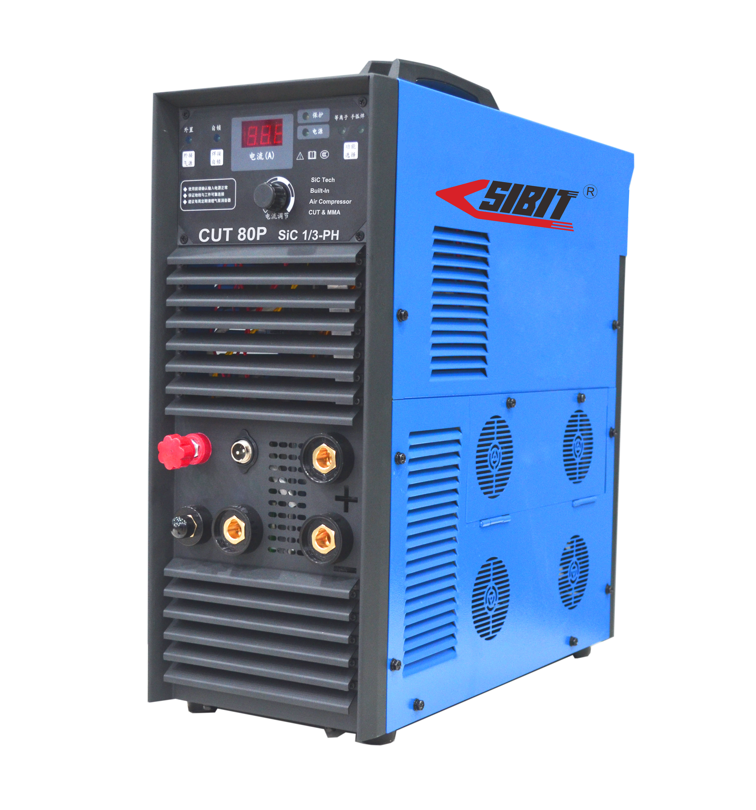 Industrial welding machine with a blue and black body, displaying control panel, vents, and connectors, branded with SIBIT logo.