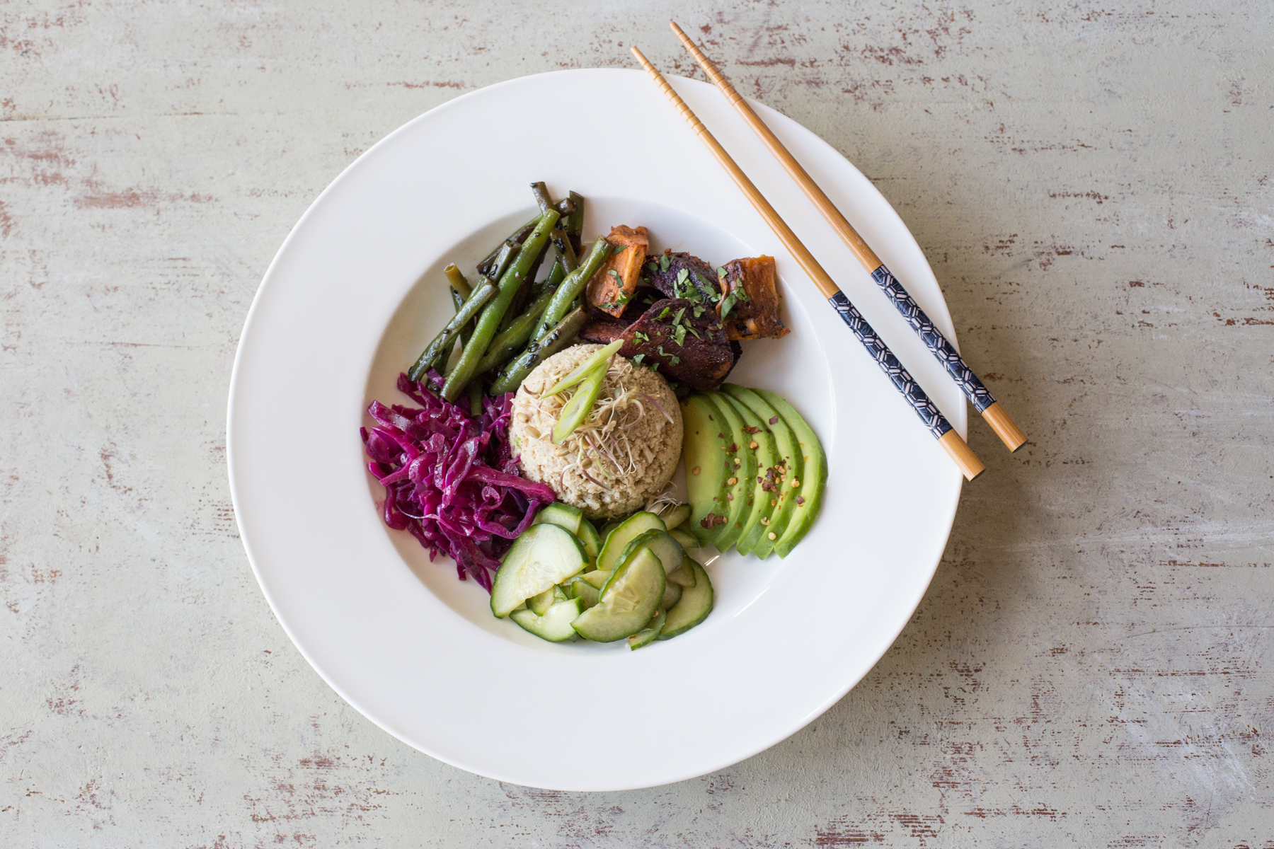 Japanese Goodness Bowl with cauli coconut sticky rice, pickles greens and tofu