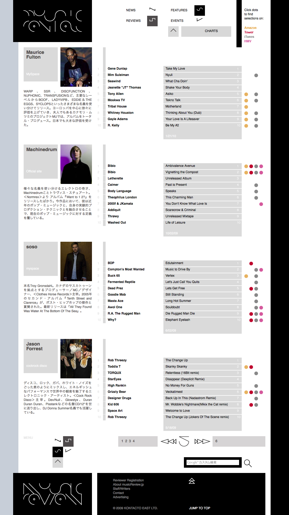 Artist curated charts with multi-store purchase link dots