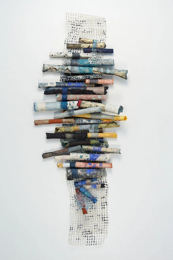 Up and Up handmade paper, pigment, and birdnetting 60" x 24"