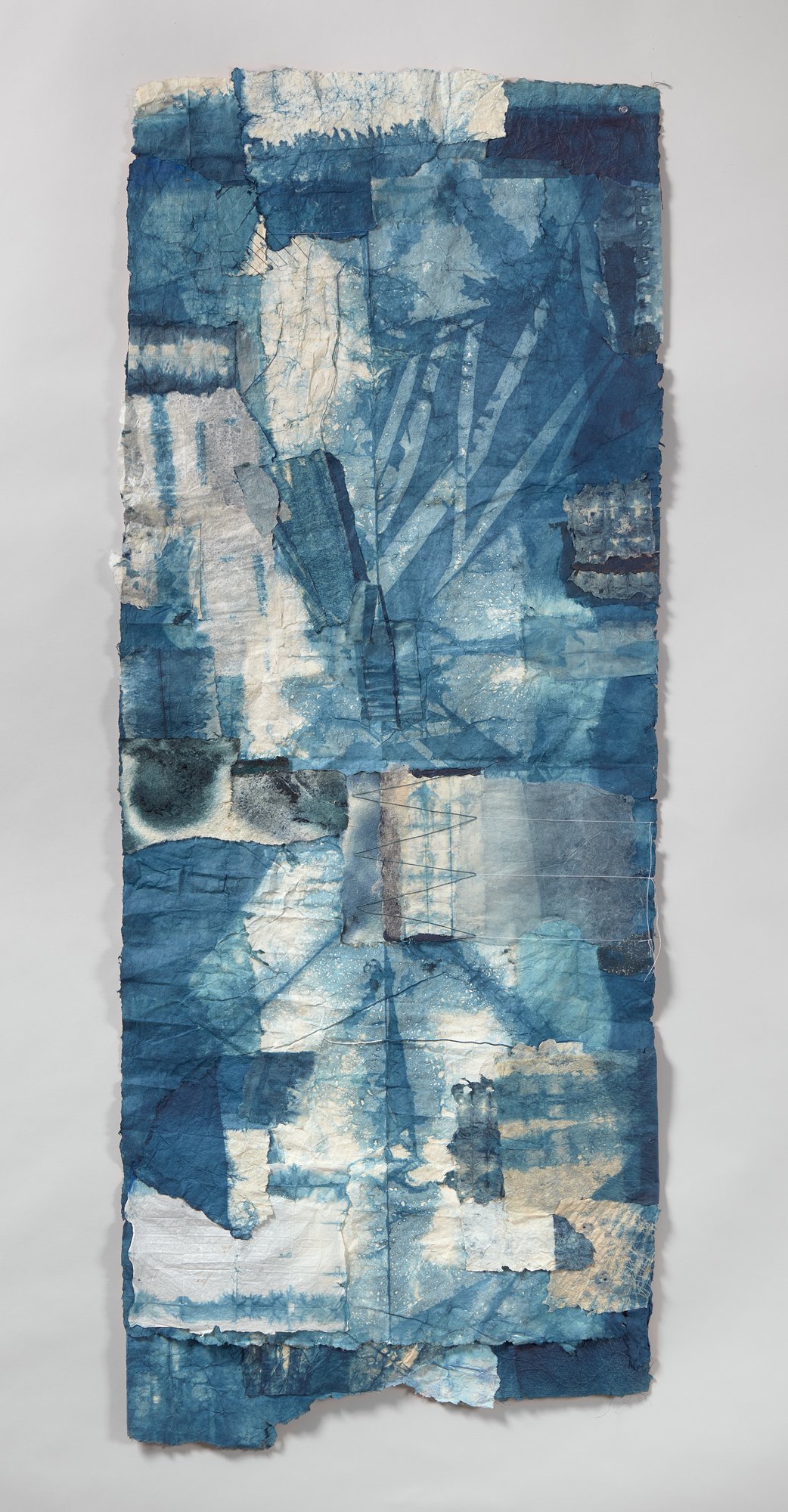 BLUE ACCORD, 70in.h x 27in.w., thread,fabric, and indigo dyed handmade paper, 2021