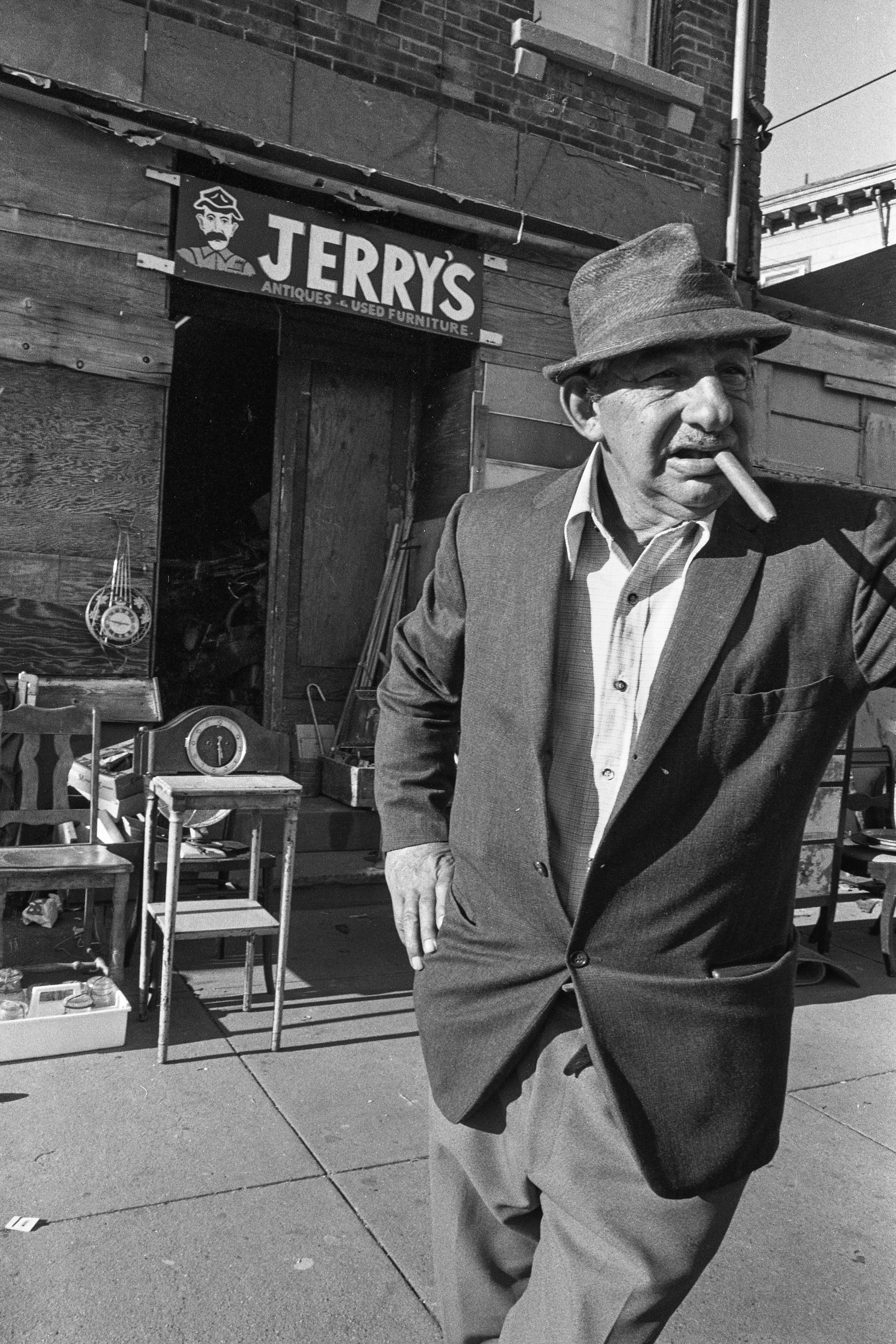  Jerry in front of his antique shop at 9128 State Street in 1978. The New Haven Preservation Trust occupies this space today. 