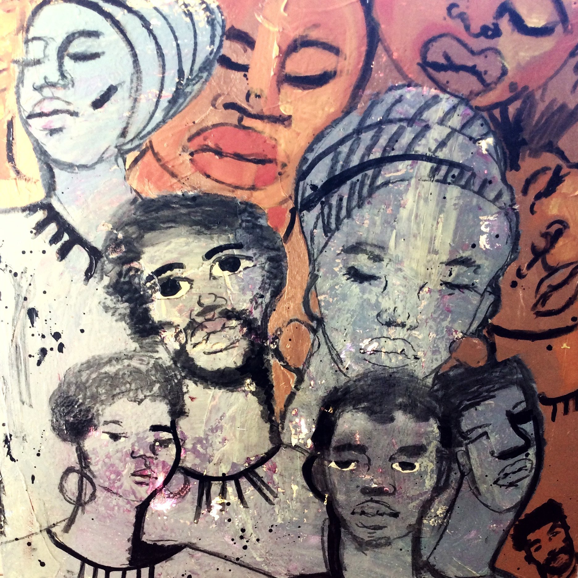 Shaunda Holloway, Some Are Watching, 39.5”h x 34.5”w, acrylic, oil, charcoal, wood