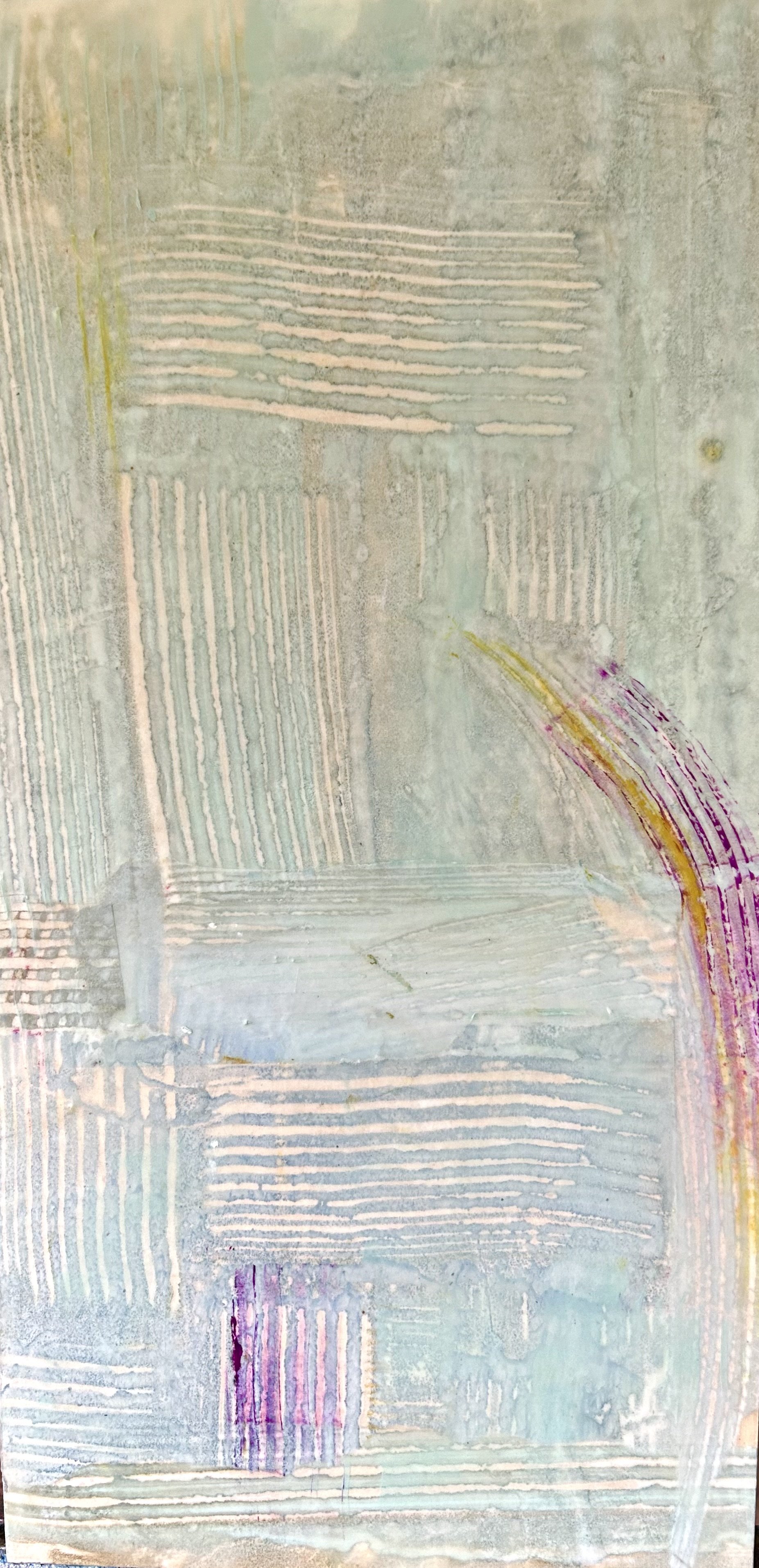Roberta Friedman , Prelude to Hope, encaustic monotype, cold wax, collage, 12 x 36