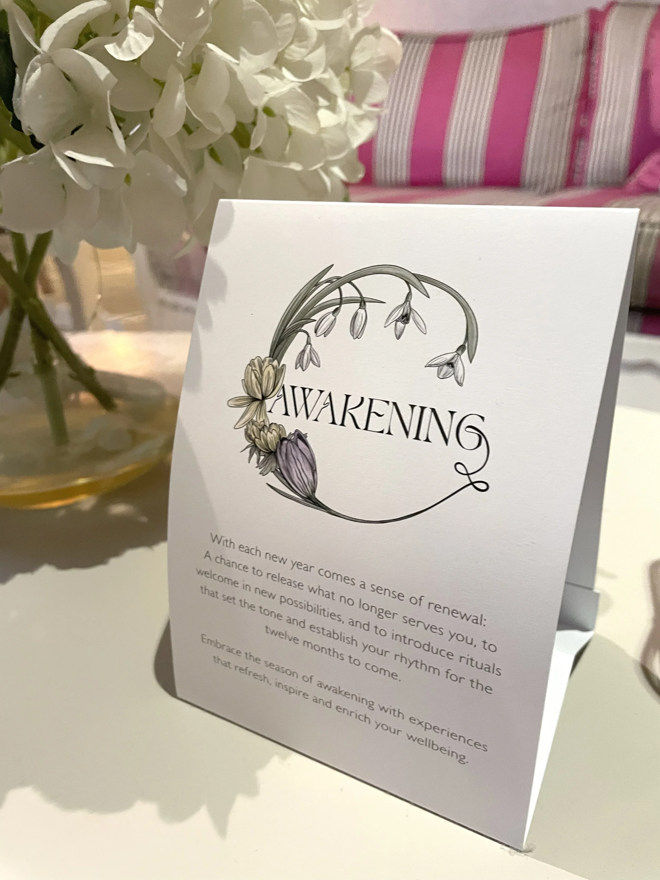 photograph of a pop up marketing stand that features Deborah Panesar's illustration for the seasonal focus of 'Awakening' at Ragdale Hall spa