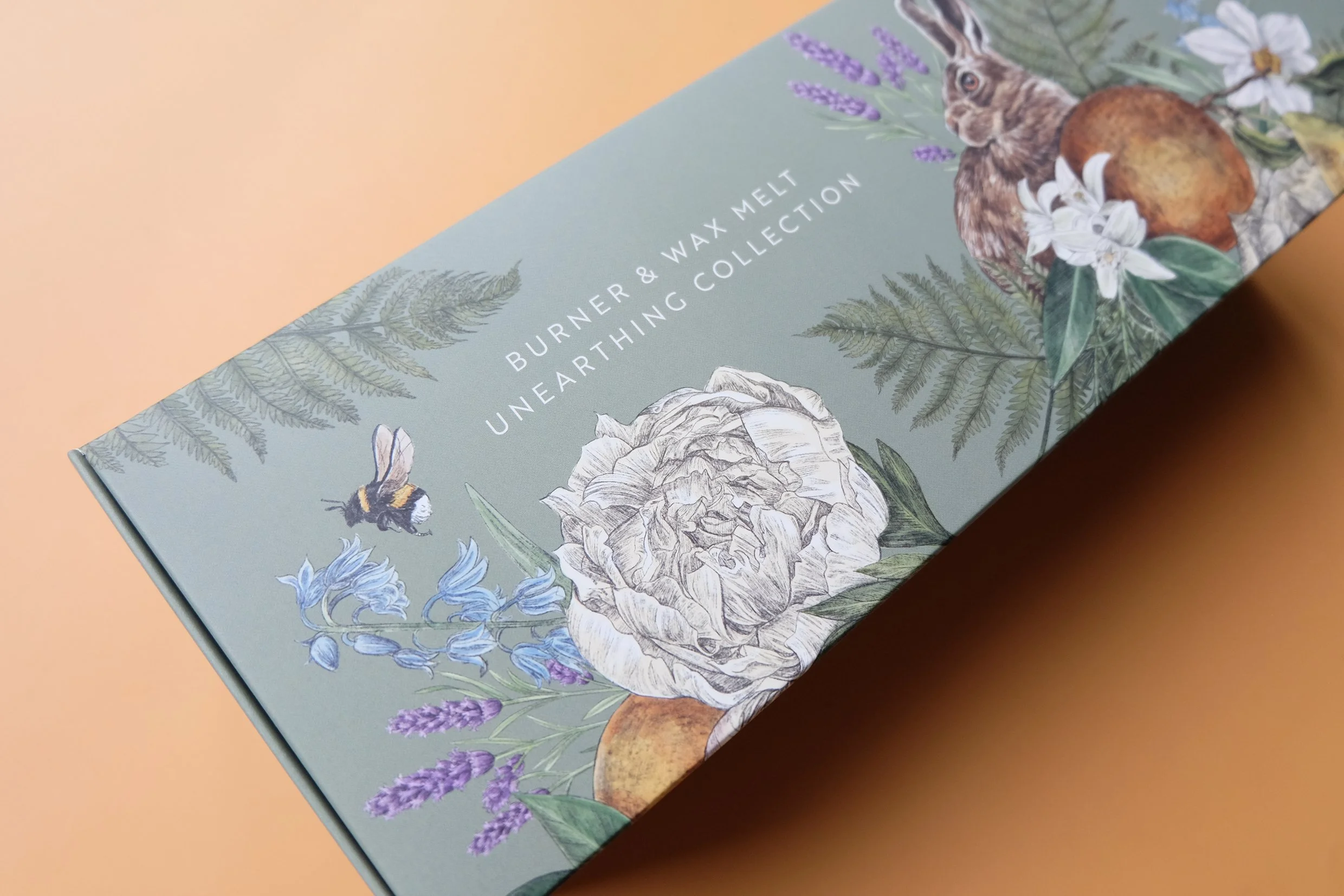 close up of a buzzing bee on the Glass & Wick Burner and wax melt unearthing collection gift box illustration